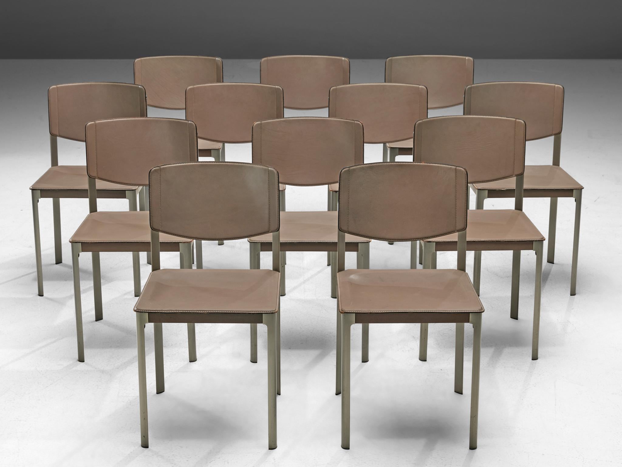 Post-Modern Matteo Grassi Set of Twelve Dining Chairs in Leather and Steel