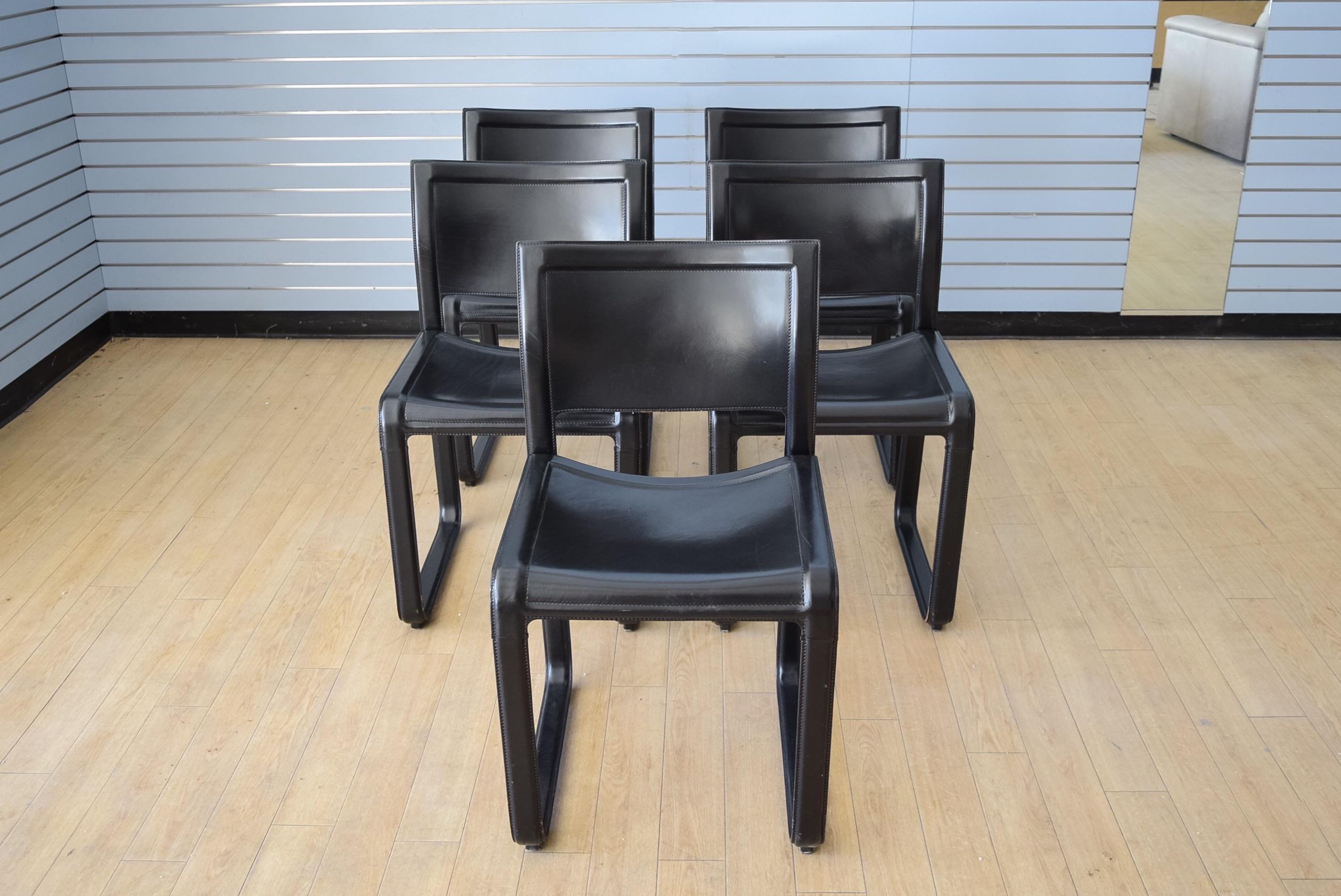 Minimalist Matteo Grassi Sistina Strap Black Leather Dining Chair, 3 Chairs Available For Sale