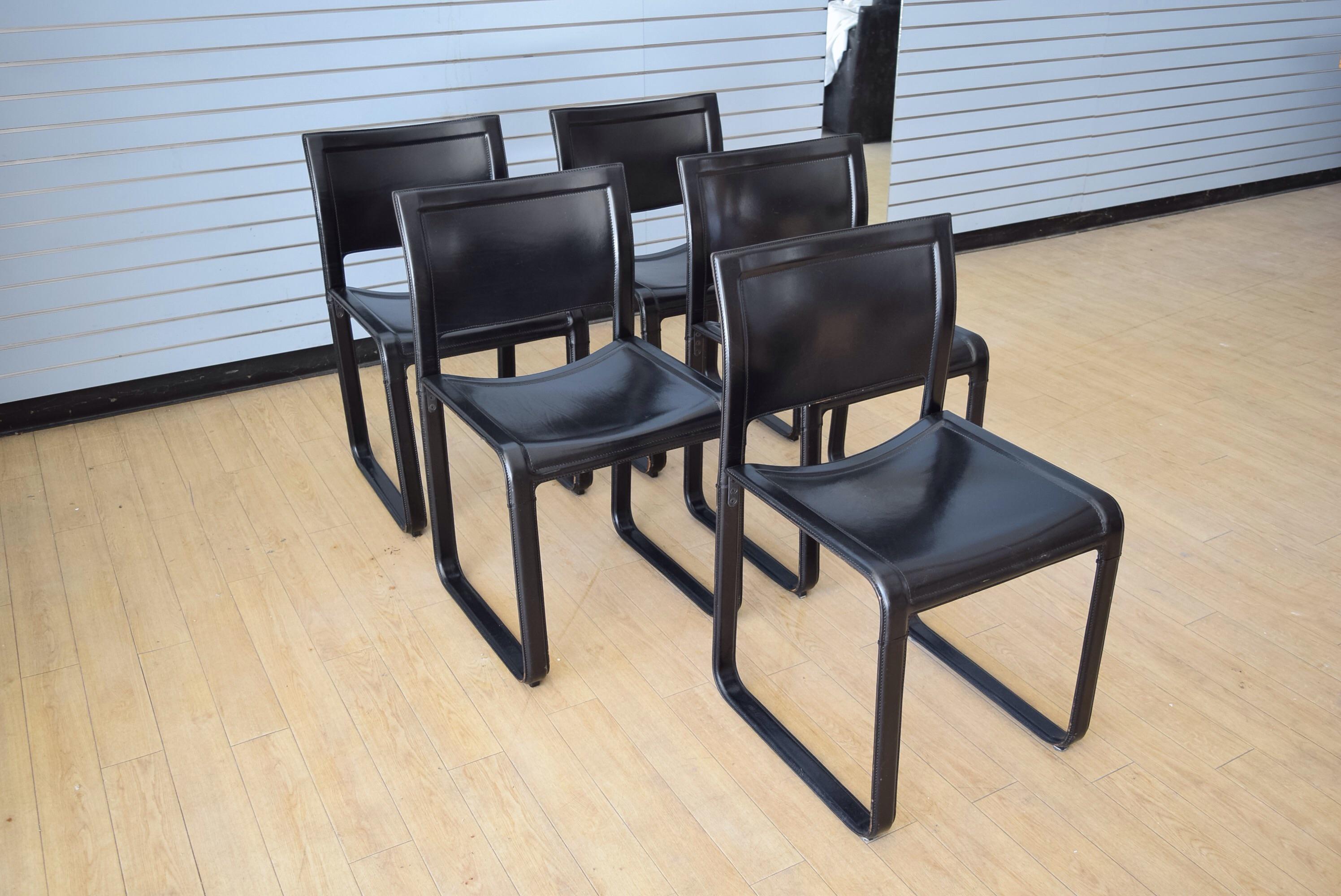 Italian Matteo Grassi Sistina Strap Black Leather Dining Chair, 3 Chairs Available For Sale