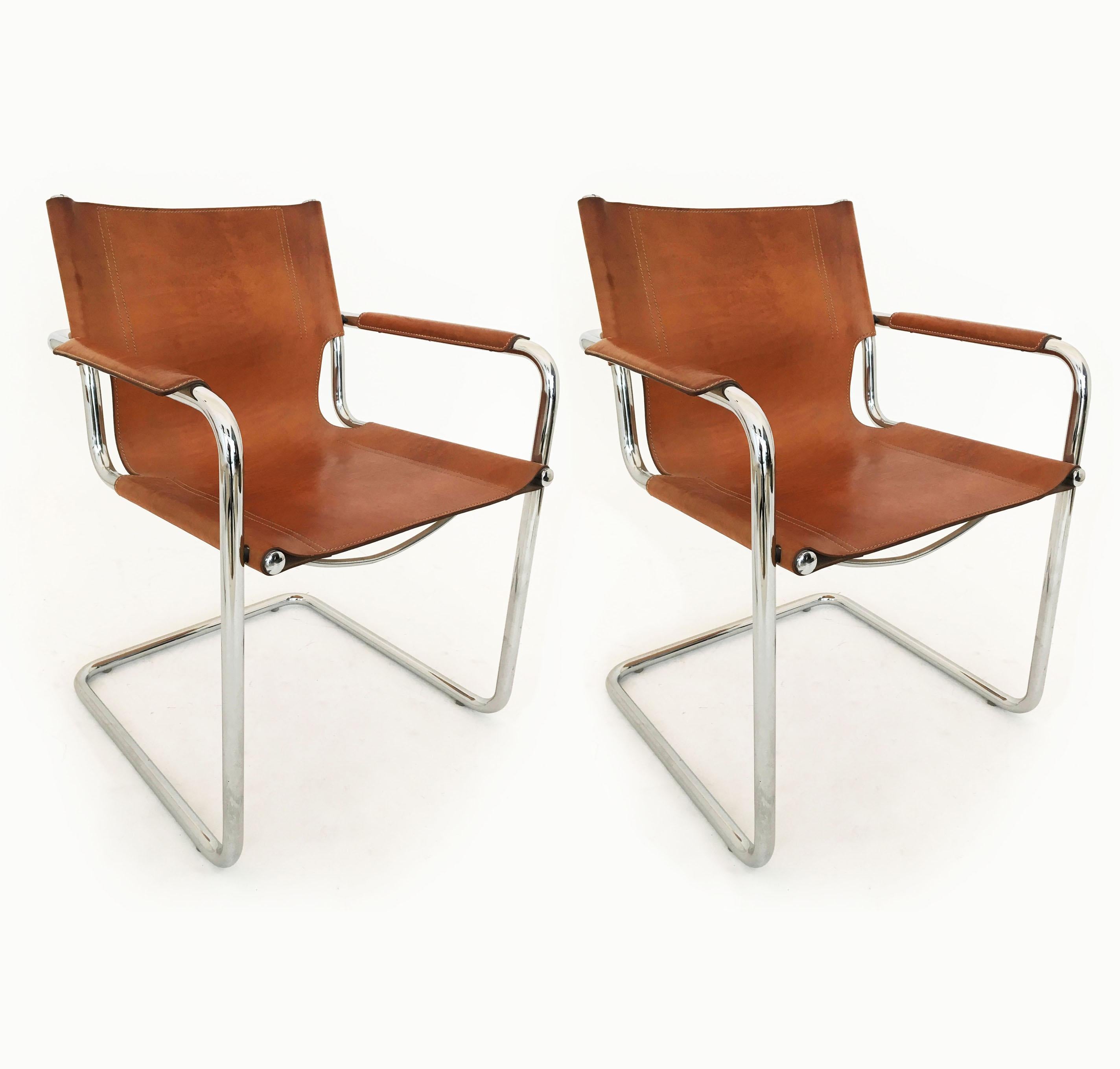 Matteo Grassi Model 'Visitor' Chairs in Patinated Cognac Leather, Italy 1970s 5