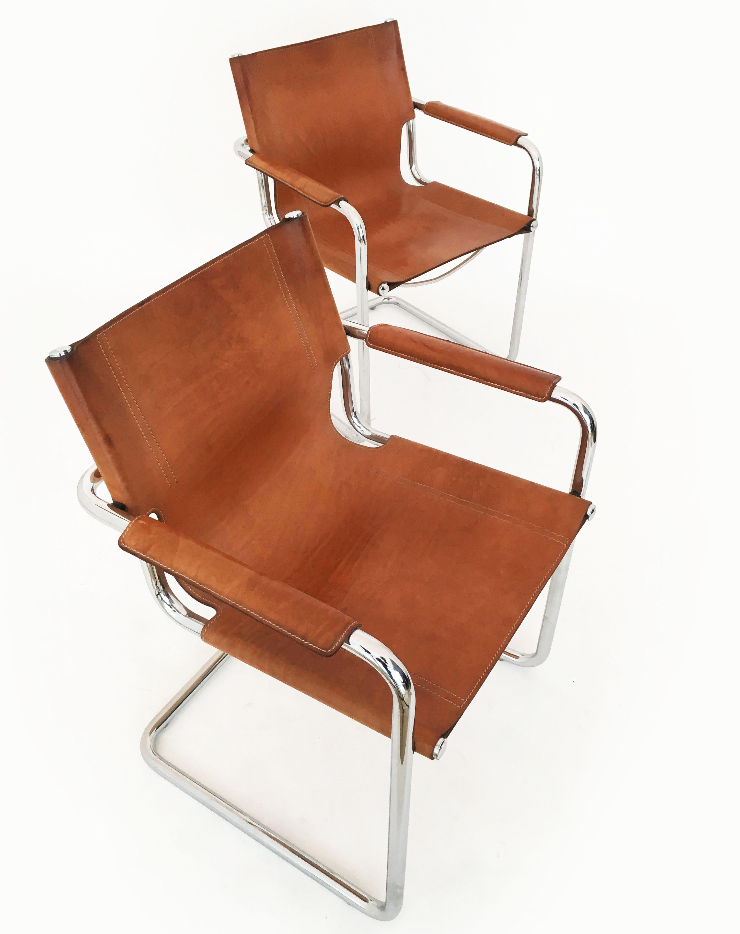 Matteo Grassi Model 'Visitor' Chairs in Patinated Cognac Leather, Italy 1970s 6