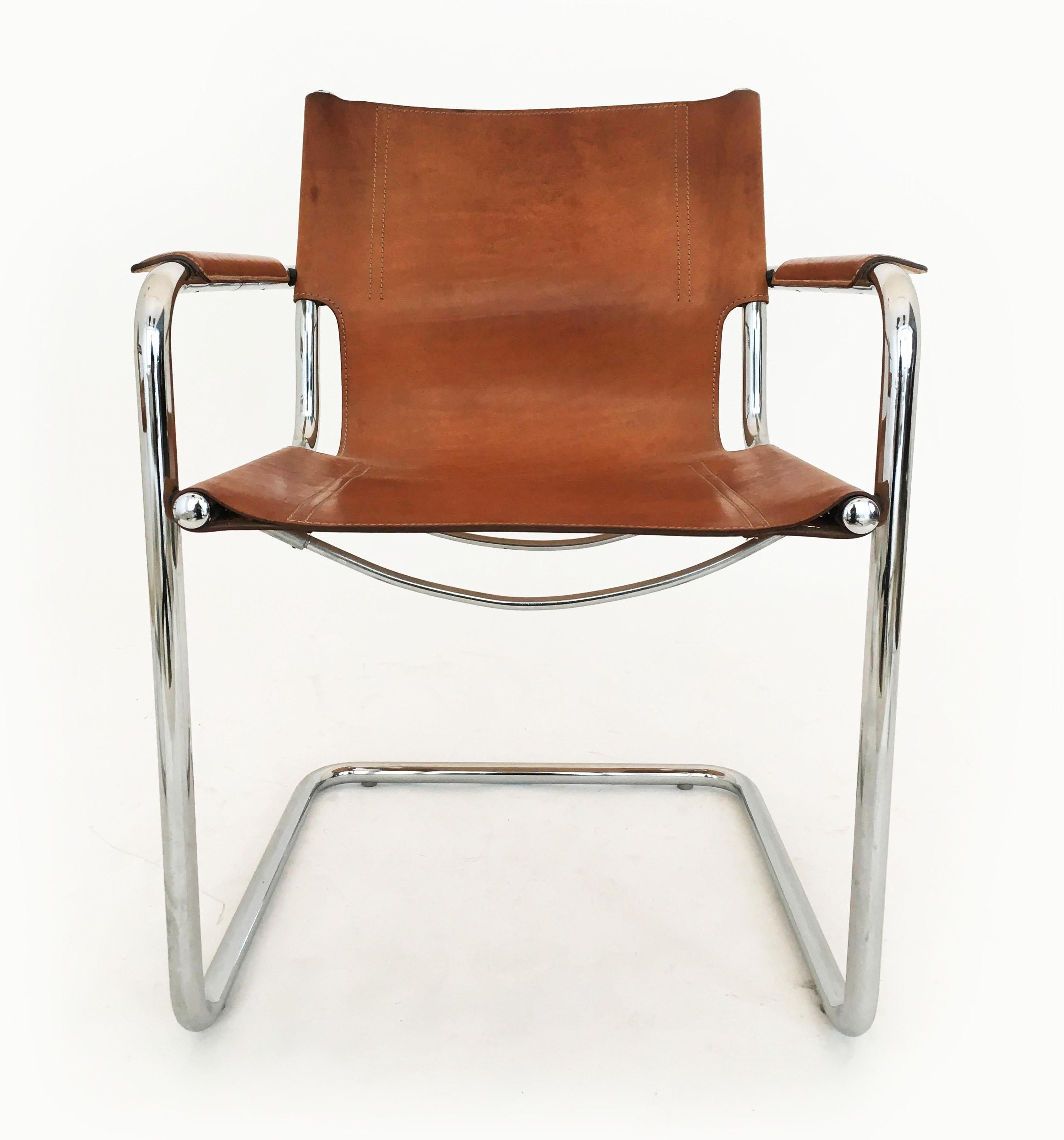 Mid-Century Modern Matteo Grassi Model 'Visitor' Chairs in Patinated Cognac Leather, Italy 1970s