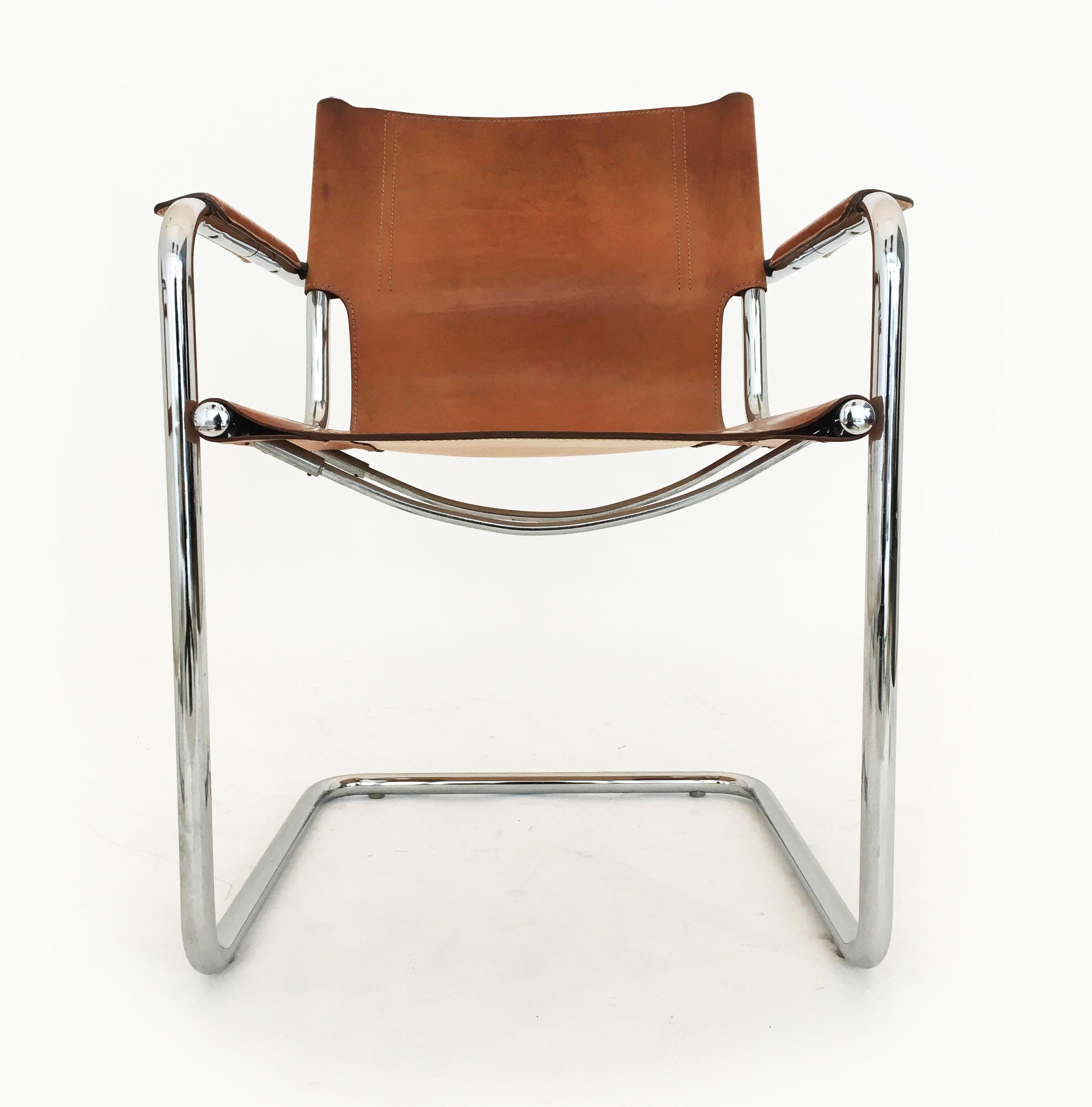 Italian Matteo Grassi Model 'Visitor' Chairs in Patinated Cognac Leather, Italy 1970s