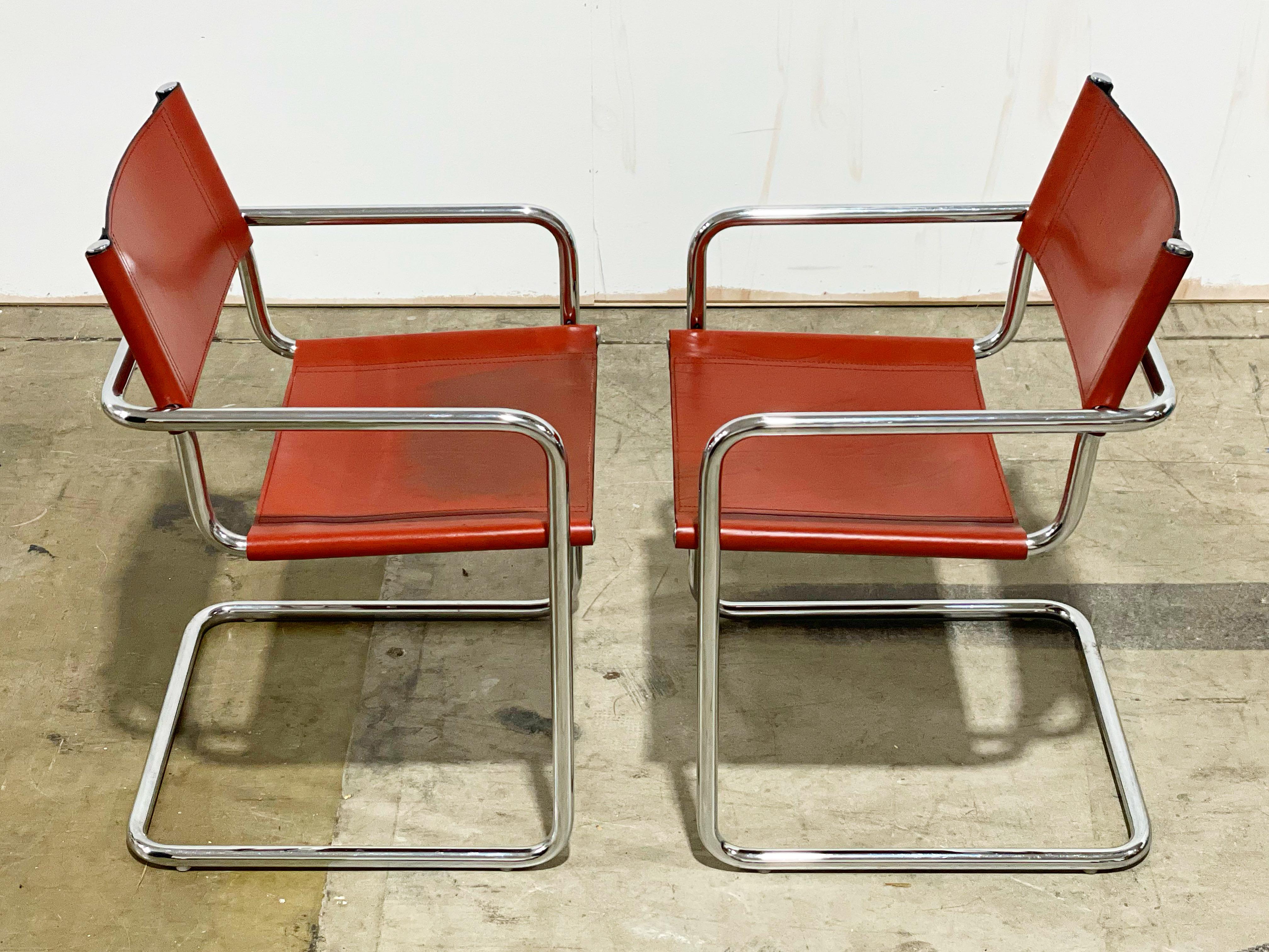 Italian Matteo Grassi Visitor Chairs, Model Mg5, Cognac Leather, Cantilevered Chrome