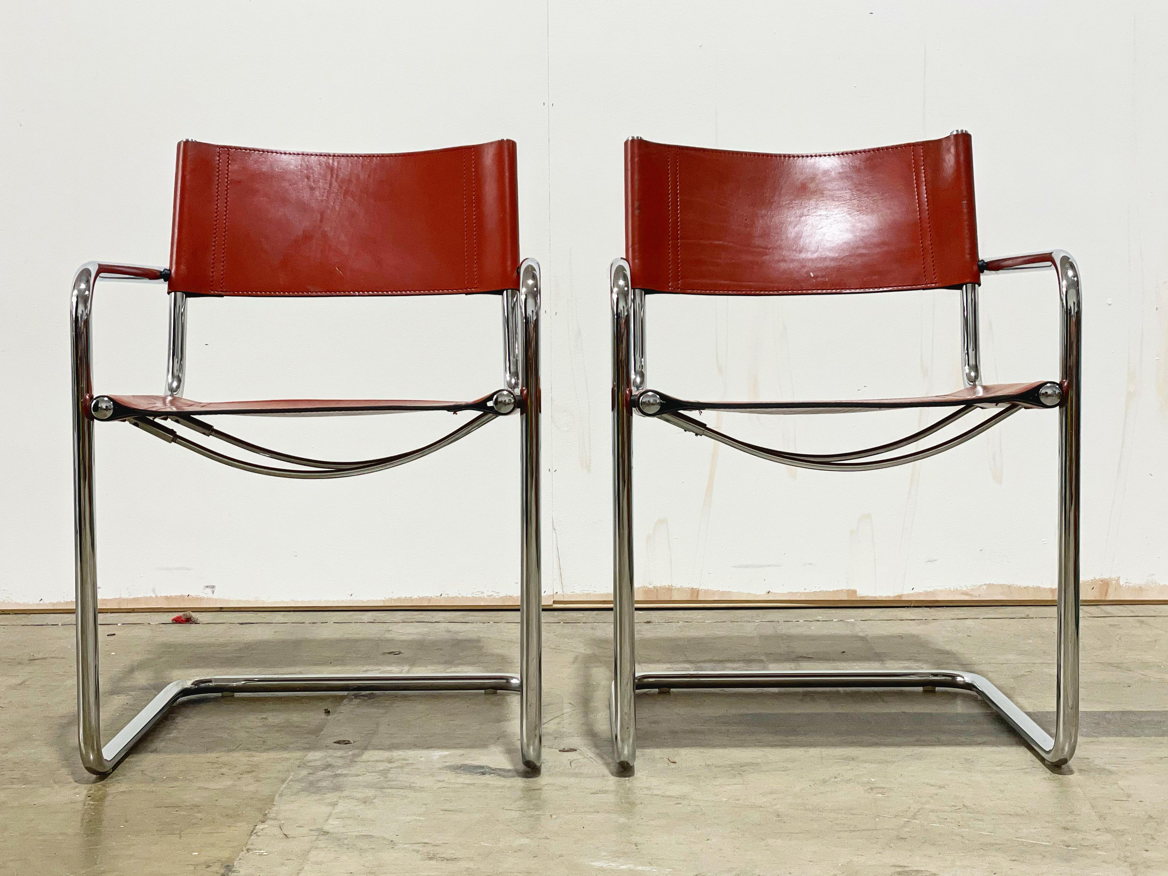 Steel Matteo Grassi Visitor Chairs, Model Mg5, Cognac Leather, Cantilevered Chrome