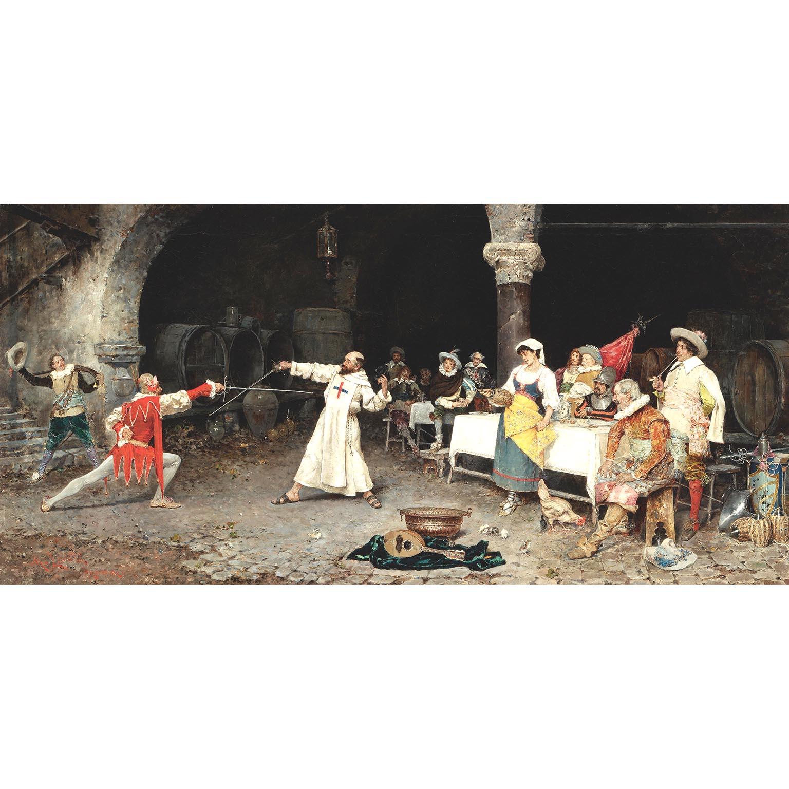 Matteo Lovatti (italiano, 1861-1909) Un pregiato olio su tela del XIX secolo intitolato 'Church's V.I.I. - La lezione di scherma'. L'opera d'arte finemente dettagliata raffigura una scena di taverna interna, con un giullare colorato che scherza con