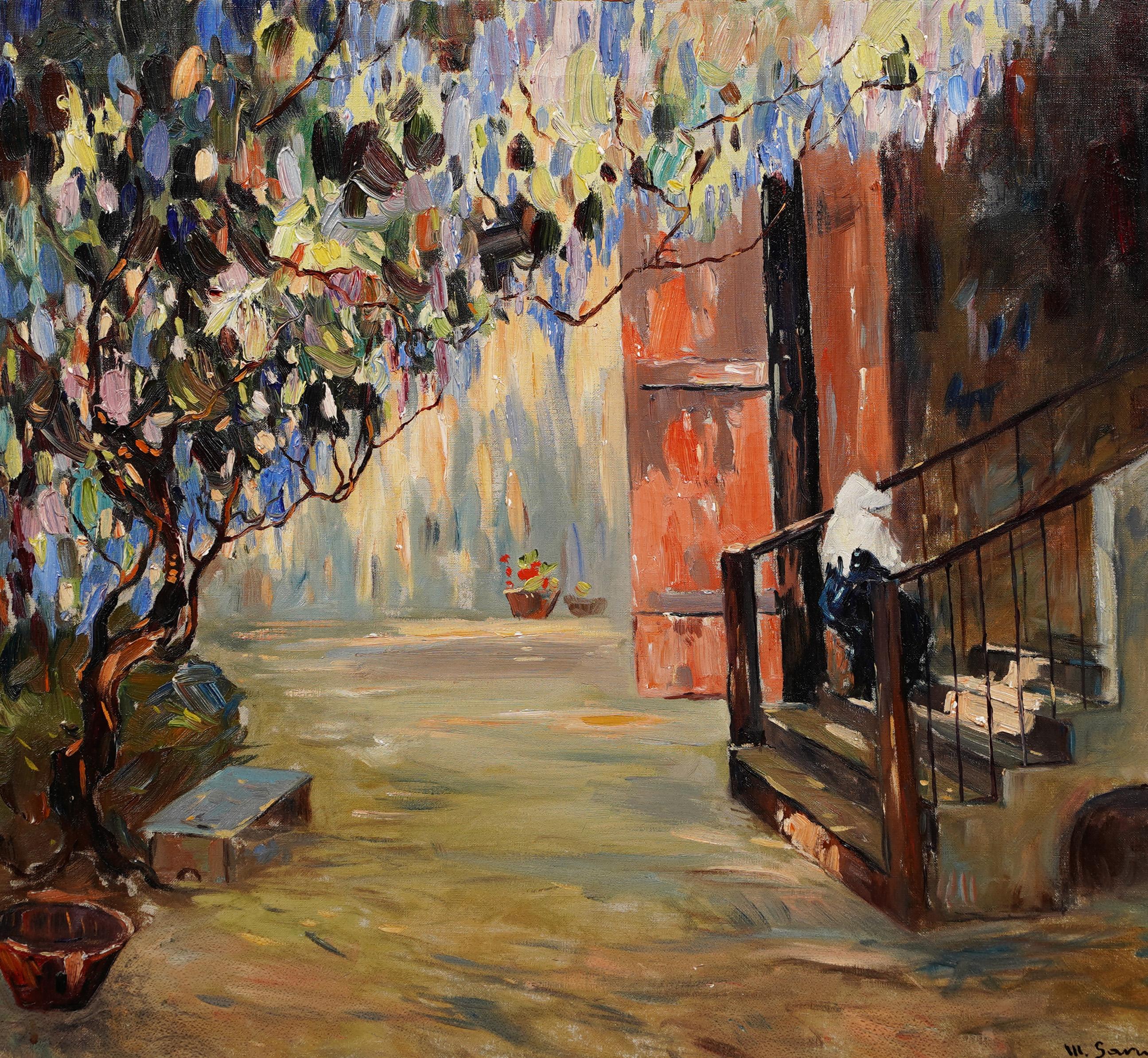 Antica scena impressionista firmata di New Orleans di Matteo Sarno (1894 - 1957).  Olio su tela.  Firmato.  Incorniciato.  Dimensioni dell'immagine, 24L x 20H.