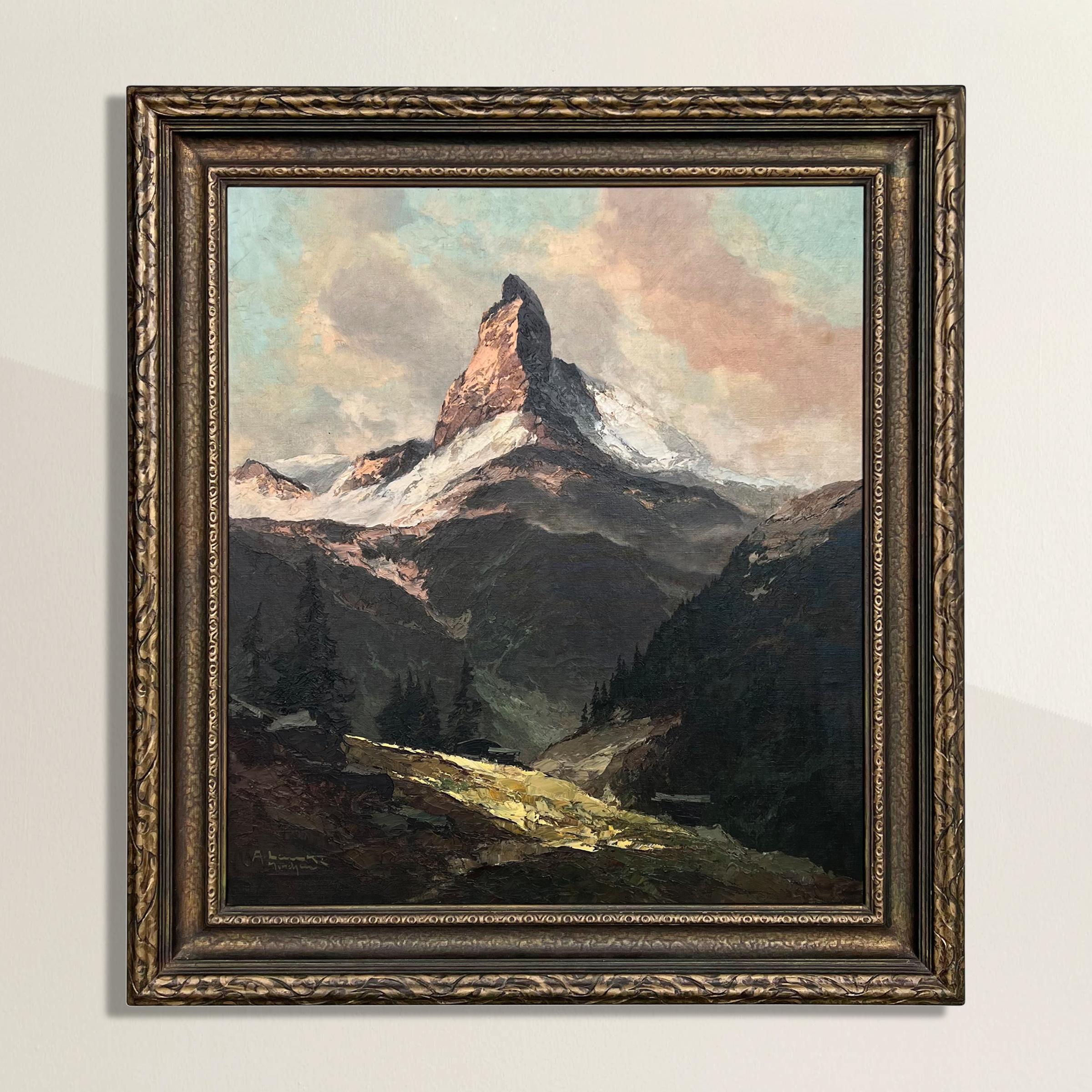 A dreamy and arresting mid-20th century oil on linen painting by German artist Arno Lemke (1916-1988) depicting a majestic sunrise over the Matterhorn with a few chalets hidden in the shadows of the Matter Valley below.  The sunlight hitting the