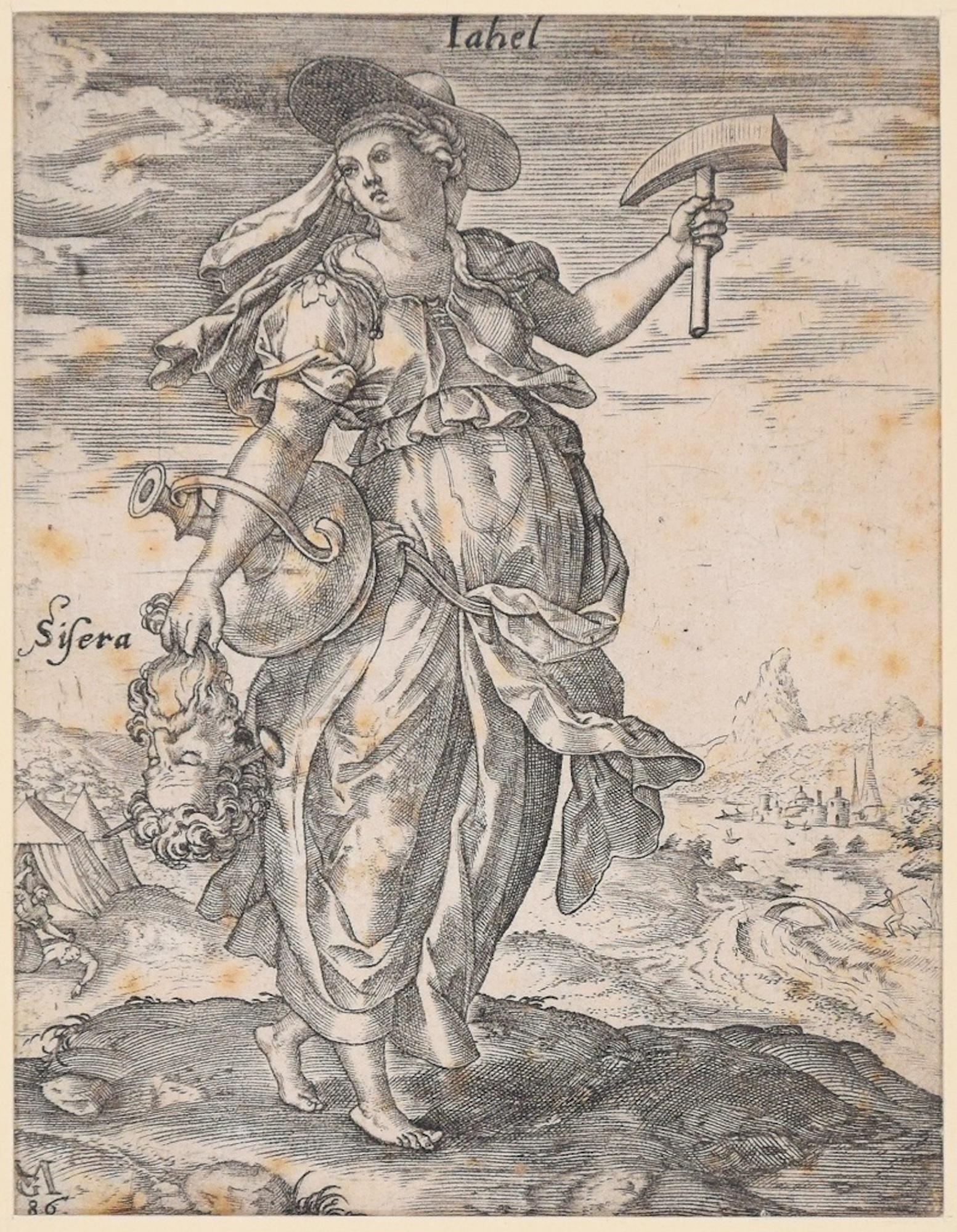 Figurative Print Matthaeus Greuter - Jale avec la tête de Sisera - Gravure originale de M. Greuter