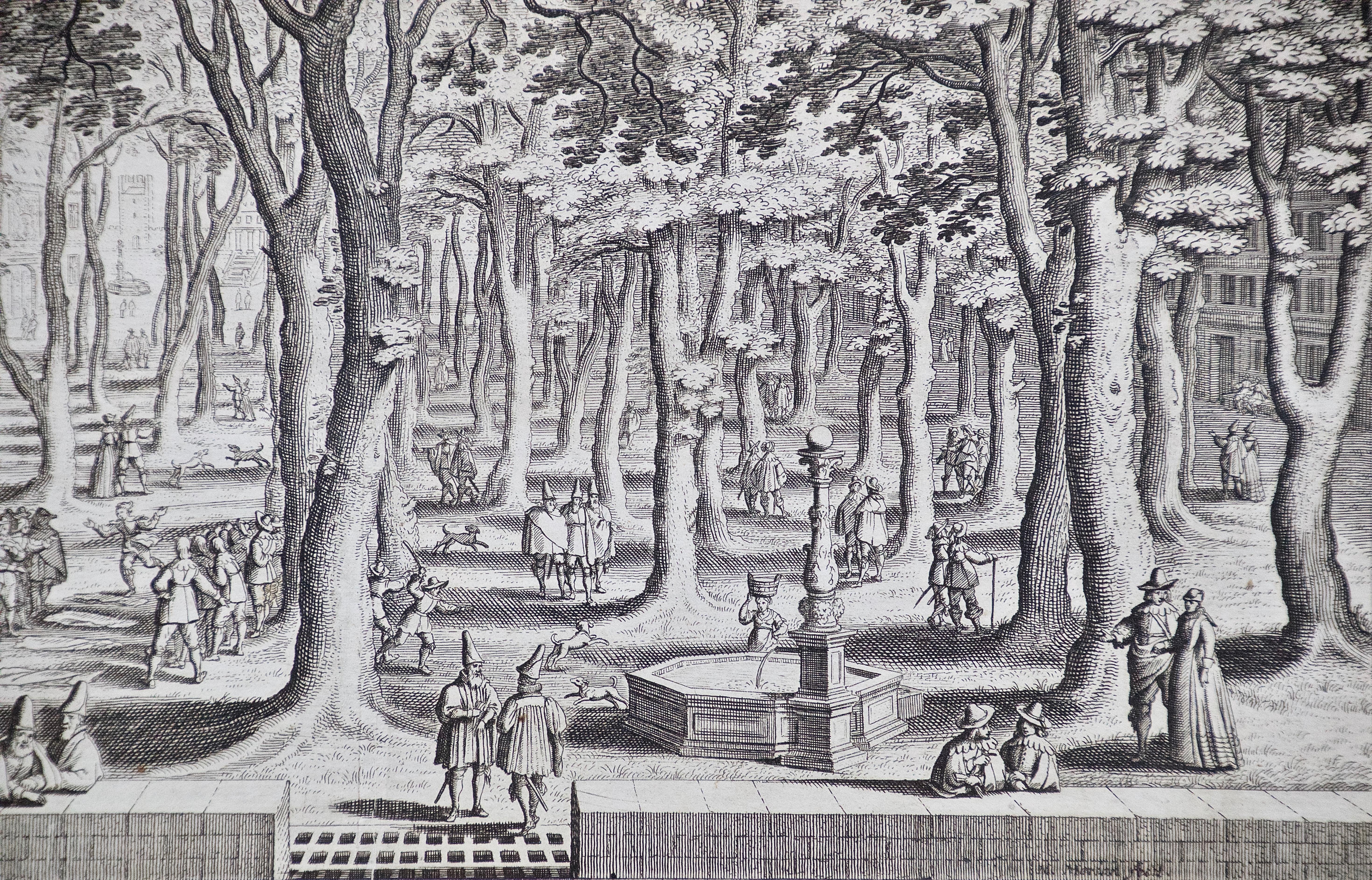 La place Saint-Pierre de Bâle : Gravure du 17ème siècle par Matthäus Merian  - Gris Landscape Print par Matthäus Merian the Elder