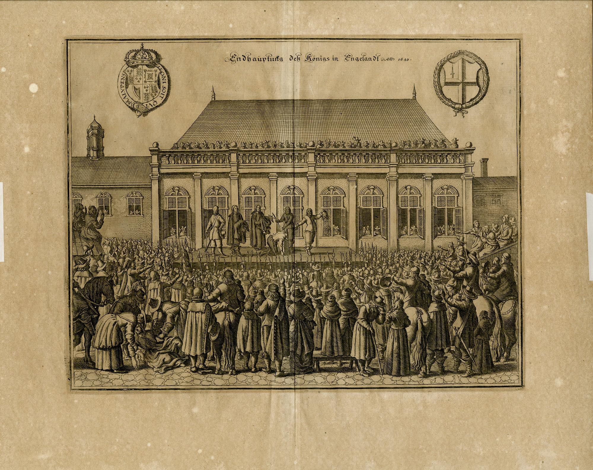 The Beheading of the King of England ; Enthauptung des Königs in England (décapitation du roi d'Angleterre) - Print de Matthäus Merian the Elder