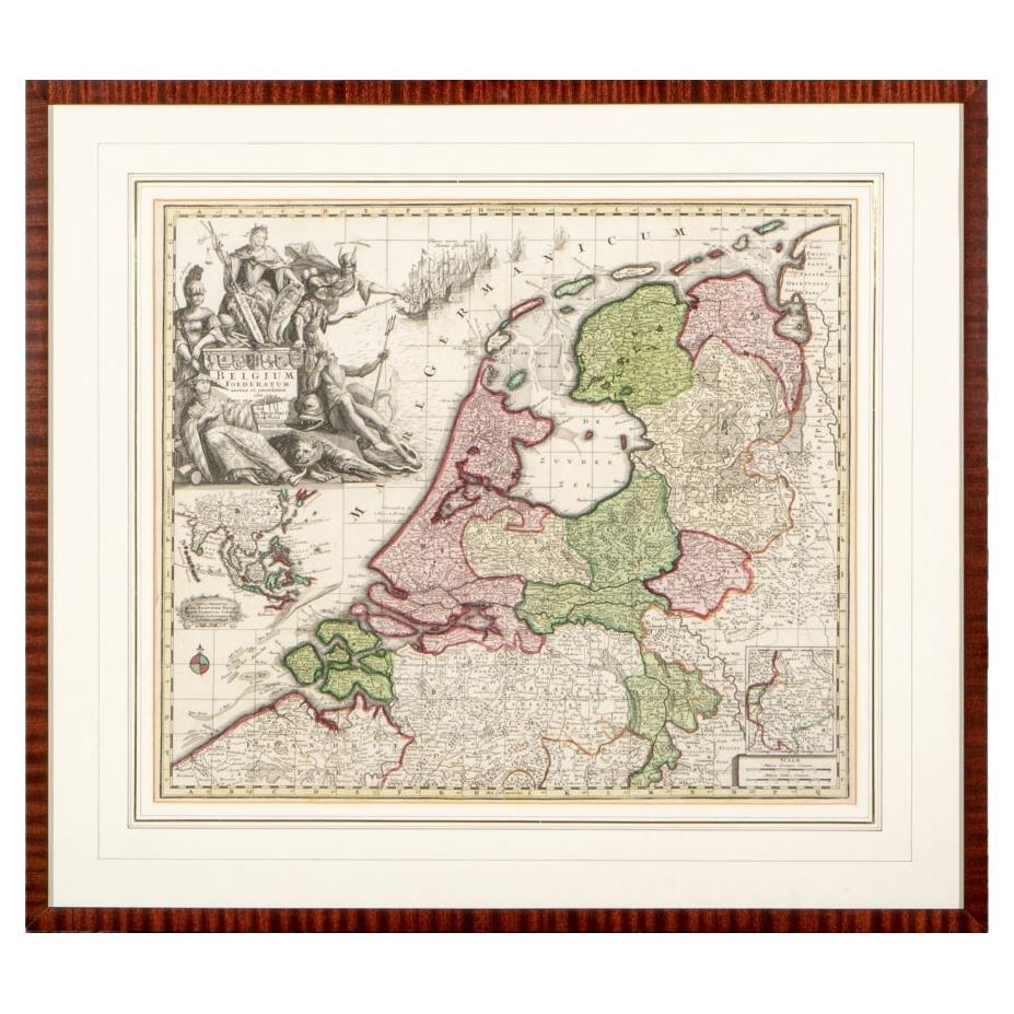 Carte encadrée de « Belgique Fonderatum » de Matthaus Seutter en couleur de 1730 en vente