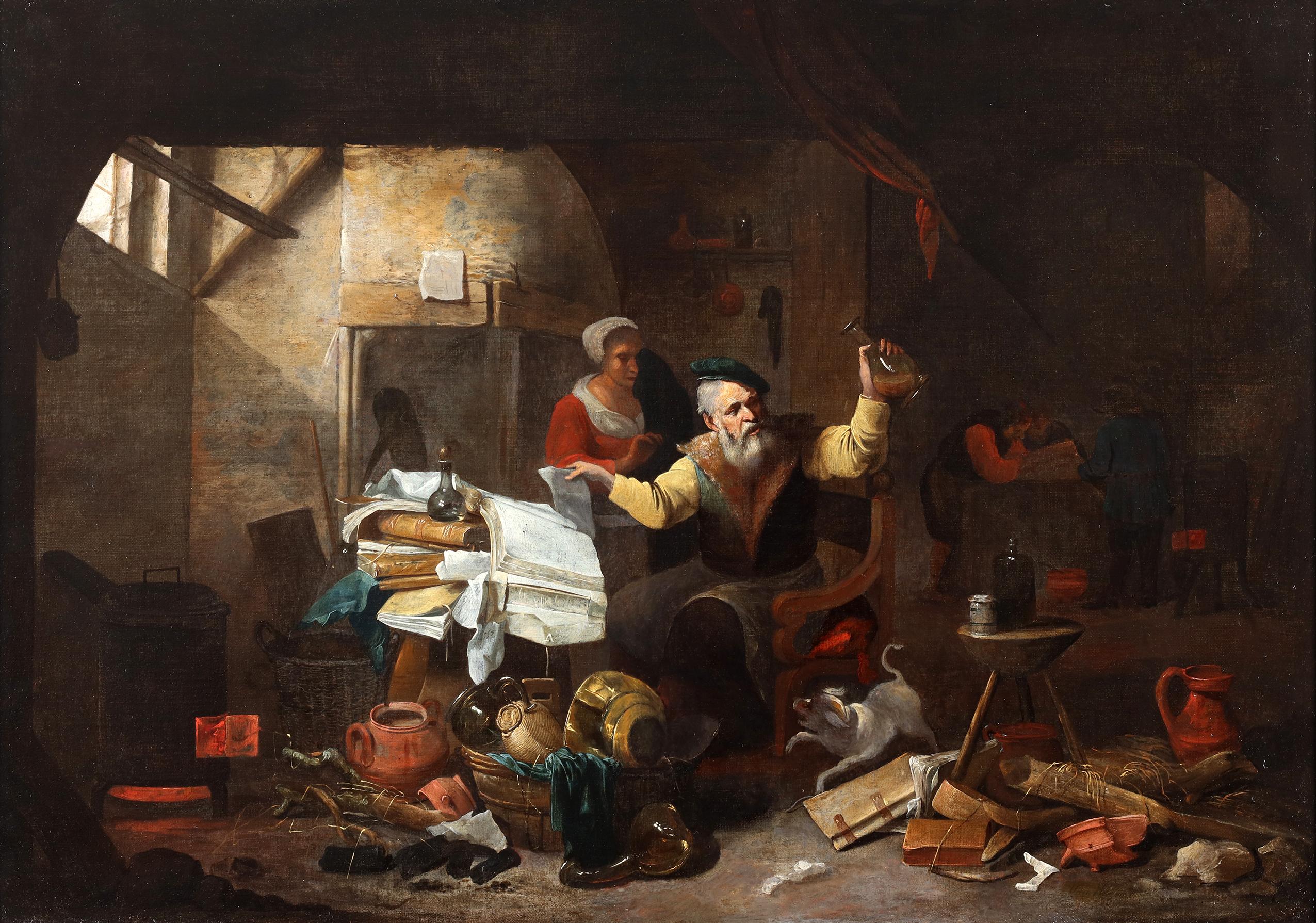 Oil on canvas

Signed lower right.

At the center of this scene we can see a doctor, studying the brownish contents of a filled flask. The doctor's cluttered desk, adorned with an array of tomes and ancient manuscripts ,bears witness to his