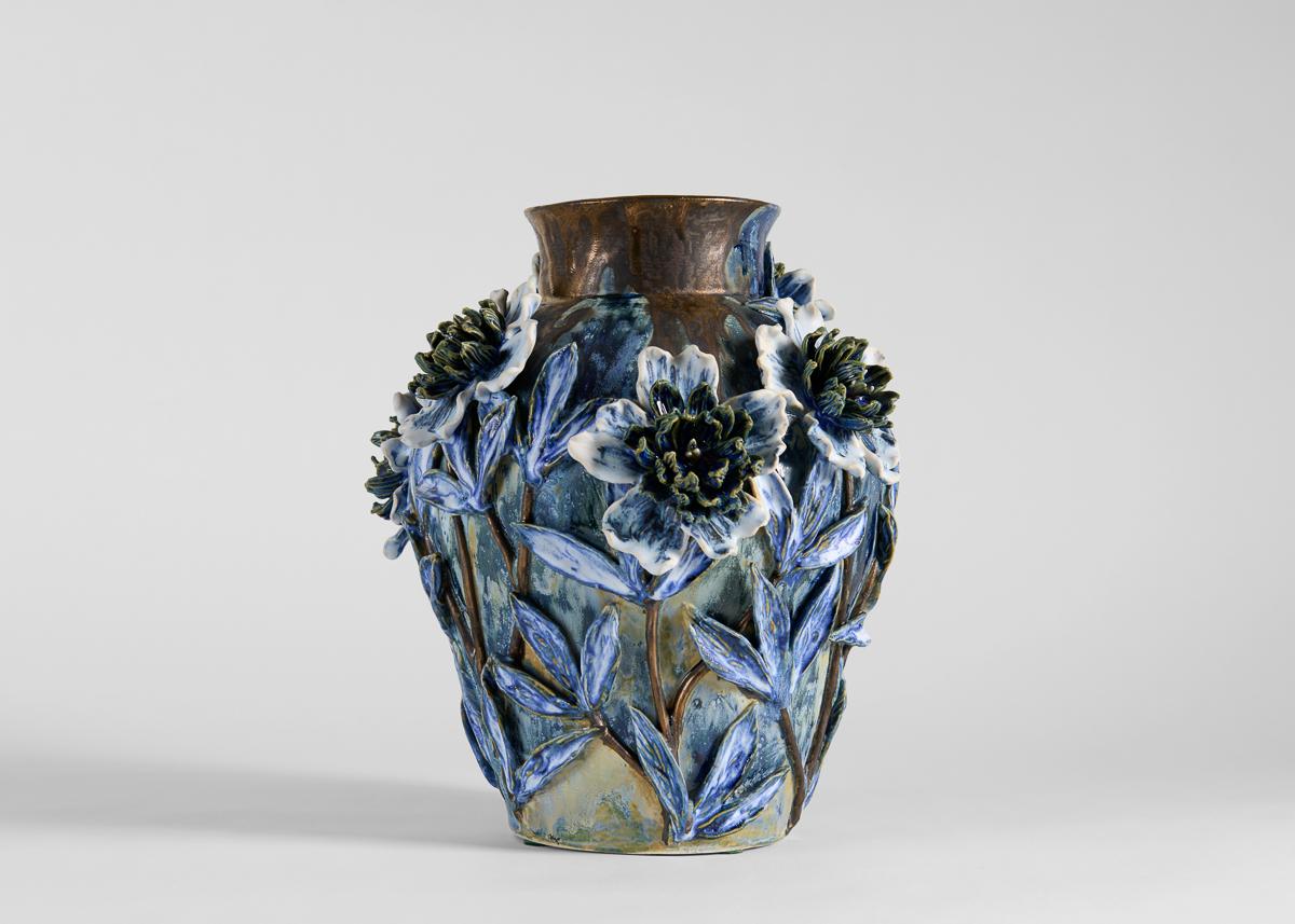 American Matthew Blue and Metalic Floral Glazed Ceramic Vessel, United States, 2021
