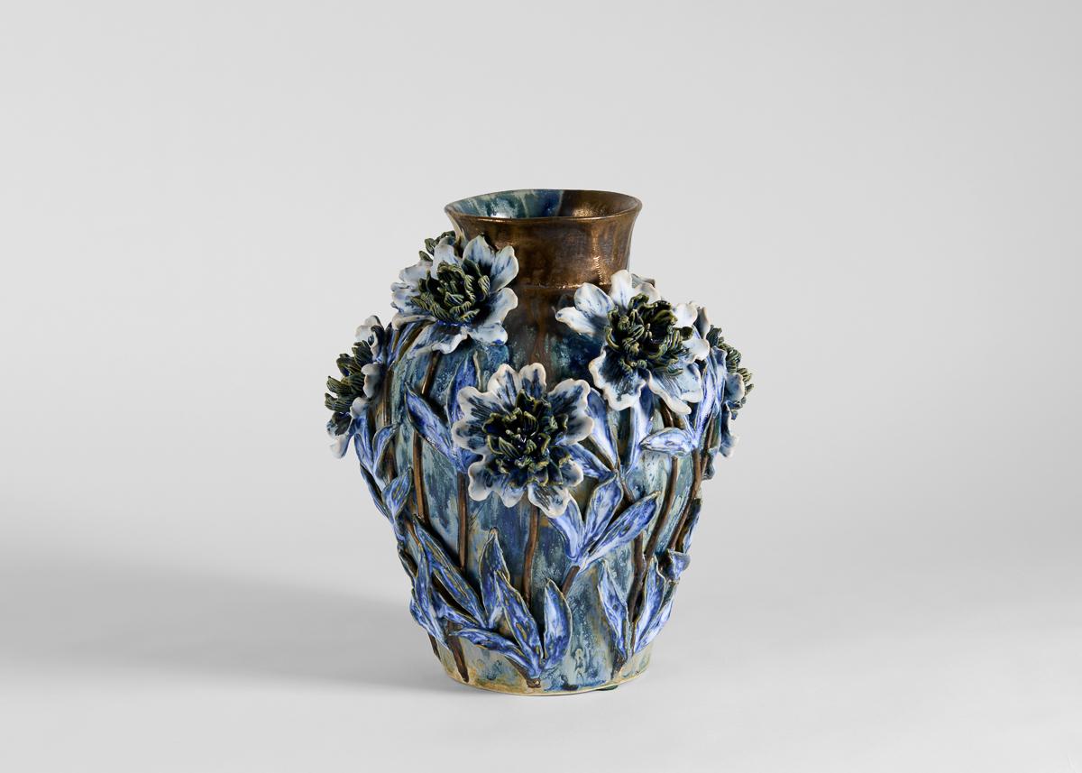 Contemporary Matthew Blue and Metalic Floral Glazed Ceramic Vessel, United States, 2021