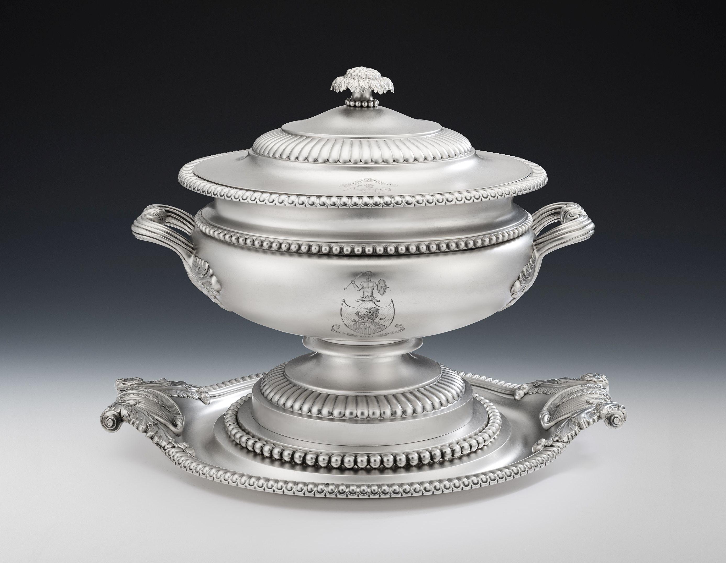 This highly important and very unusual antique sterling silver, Tureen, stand and cover was made in Birmingham in 1811 by Matthew Boulton, one of the most important of the British Georgian Silversmiths. The large Tureen stands on a circular pedestal