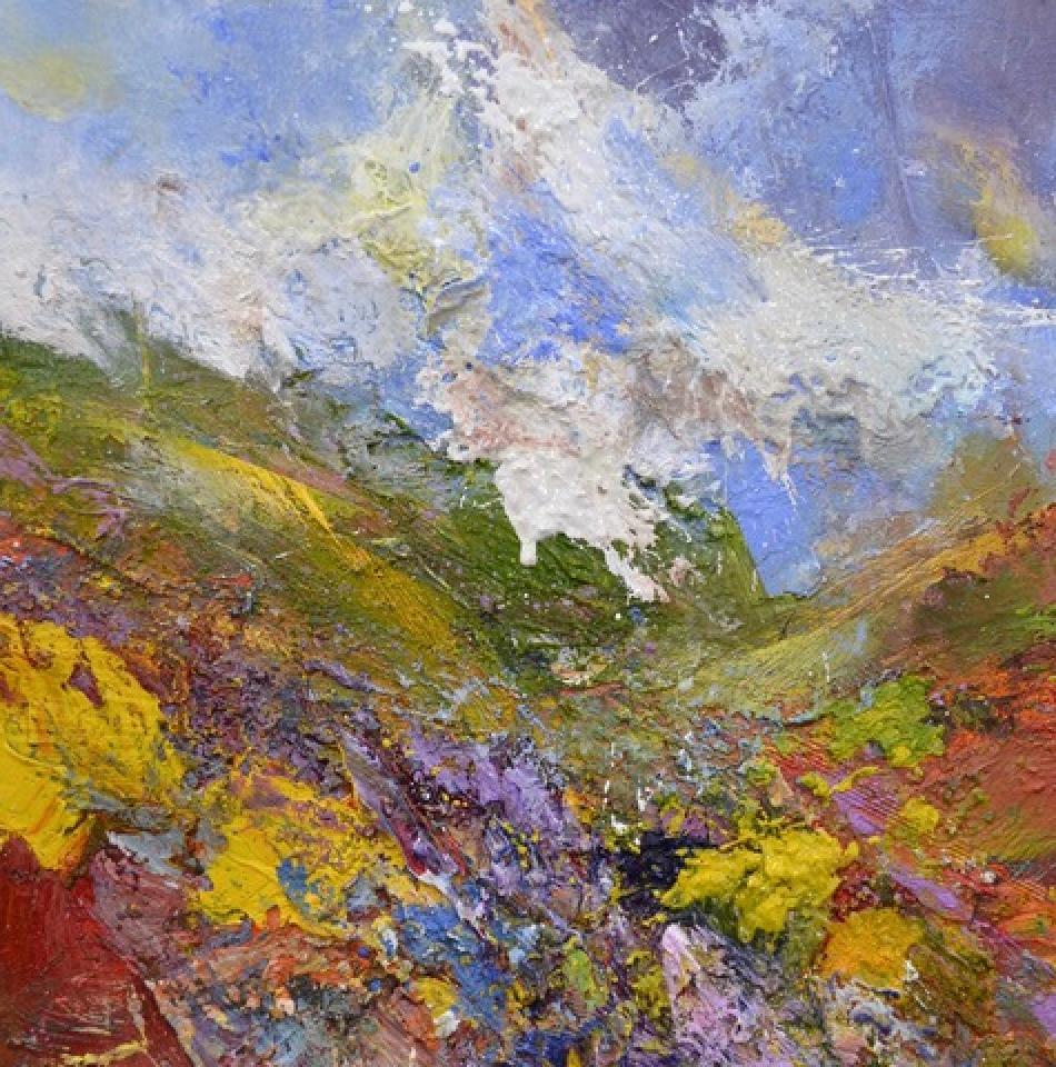Matthew Bourne  Abstract Painting - Gorse, Hillside, Milky White Clouds