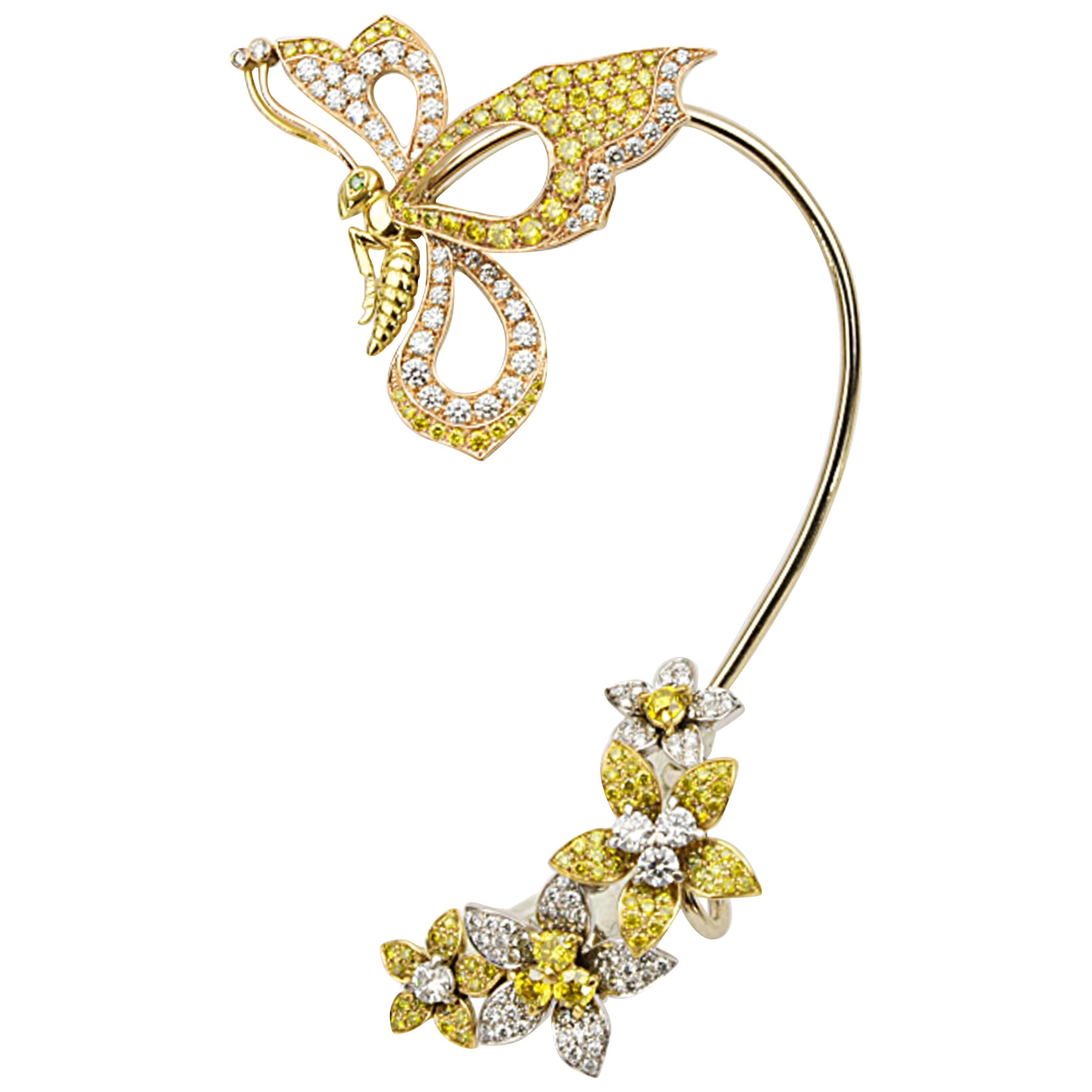 Matthew Cambery 18 Karat Gold White and Yellow Diamond Butterfly Flowers Earcuff For Sale