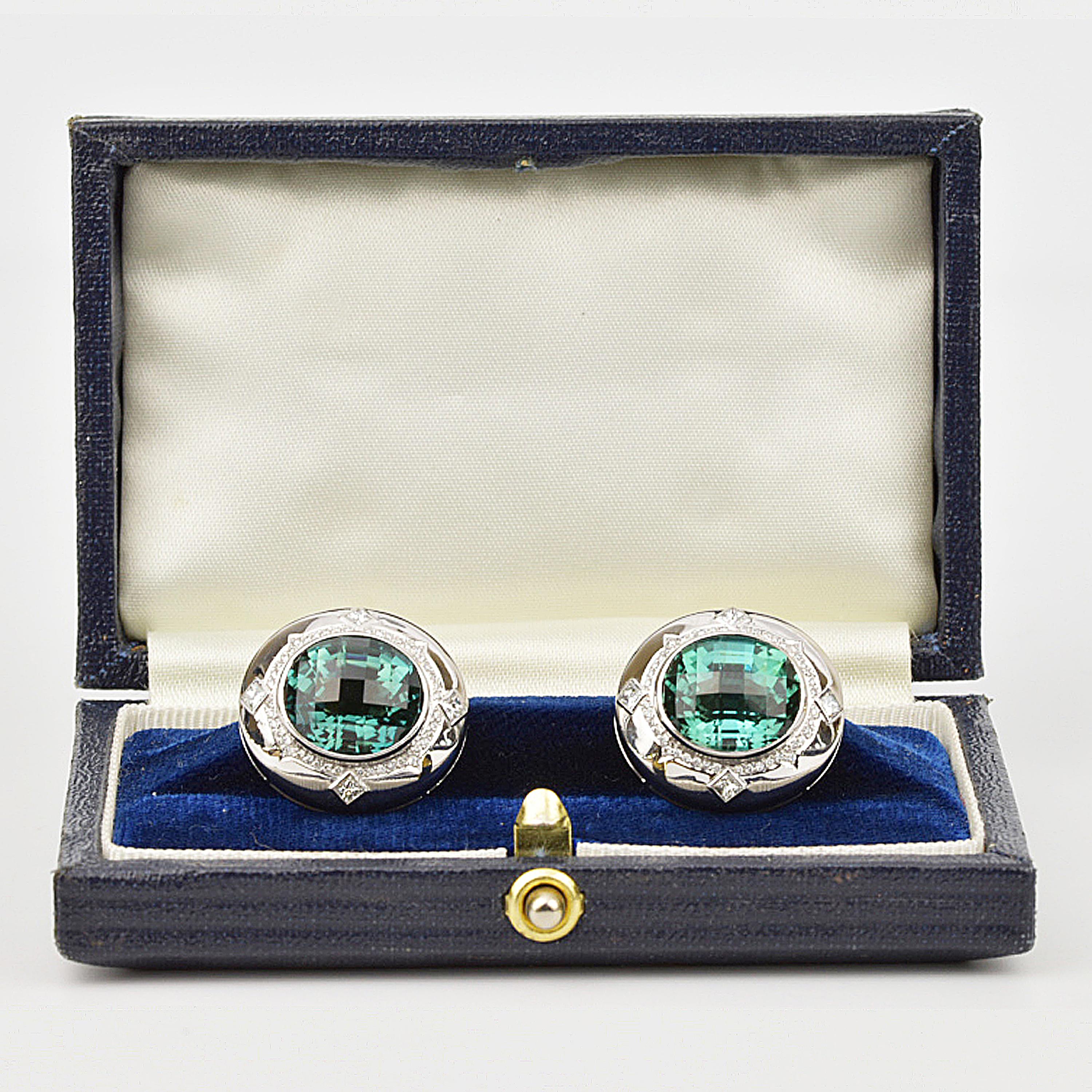 Matthew Cambery 18k White Gold 14.74 Ct Blue Green Tourmaline Diamond Cufflinks In New Condition In London, GB