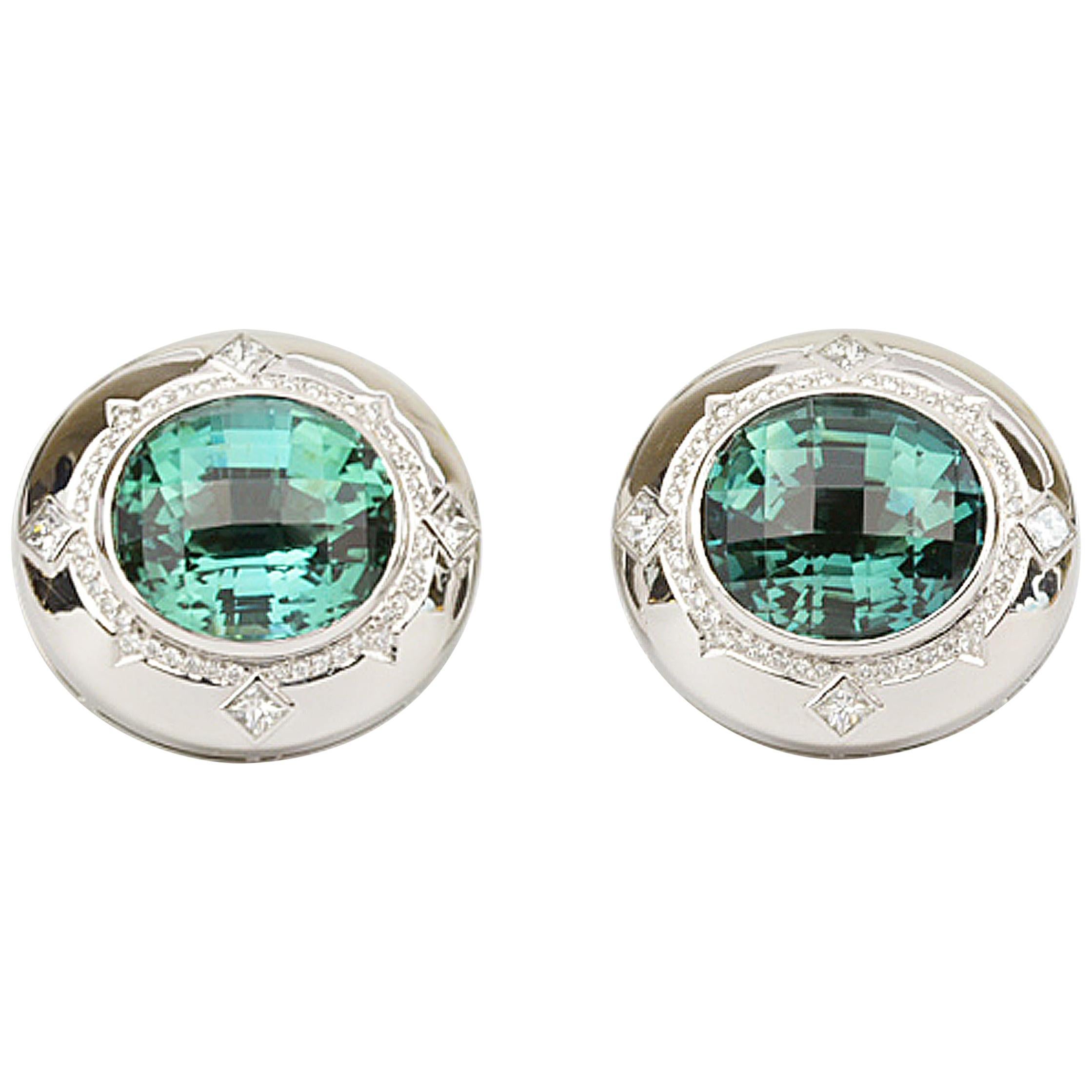 Matthew Cambery 18k White Gold 14.74 Ct Blue Green Tourmaline Diamond Cufflinks