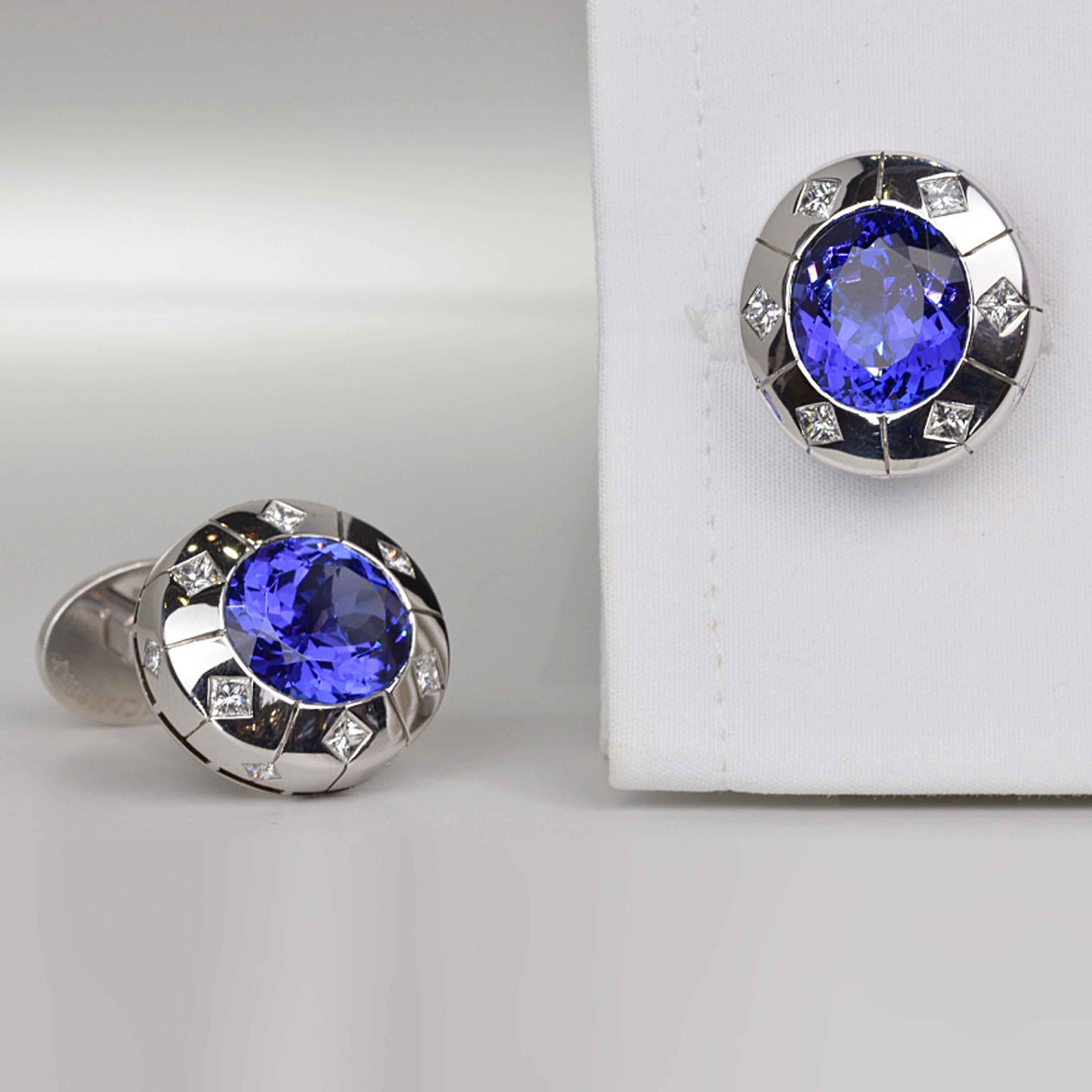 Oval Cut Matthew Cambery 18 Karat White Gold Oval Tanzanite 13.29 Carat Diamond Cufflinks