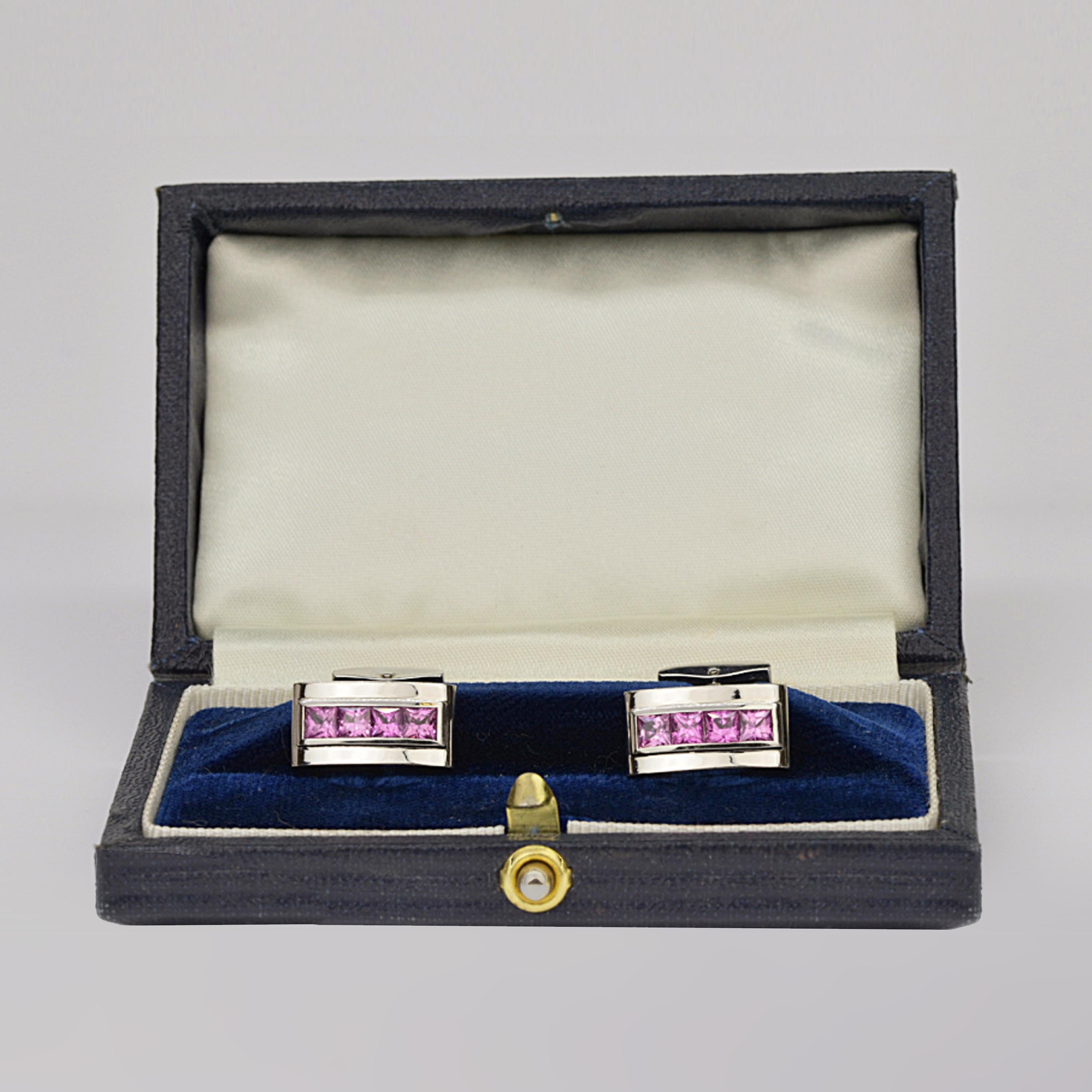 Contemporary Matthew Cambery 18 Karat White Gold Princess Cut Pink Sapphire Cufflinks