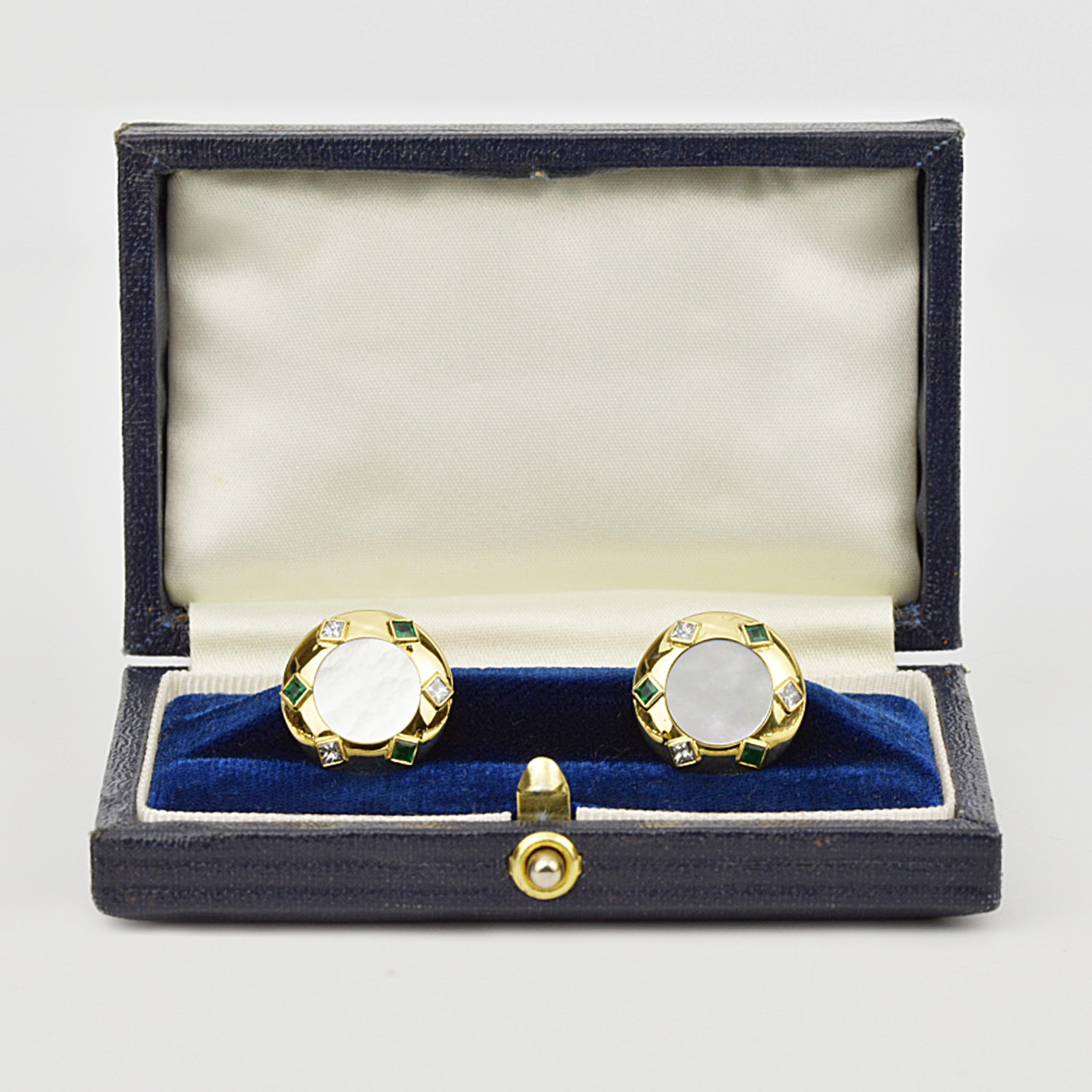 Contemporary Matthew Cambery 18 Karat Gold Diamond Emerald and Mother of Pearl Cufflinks For Sale