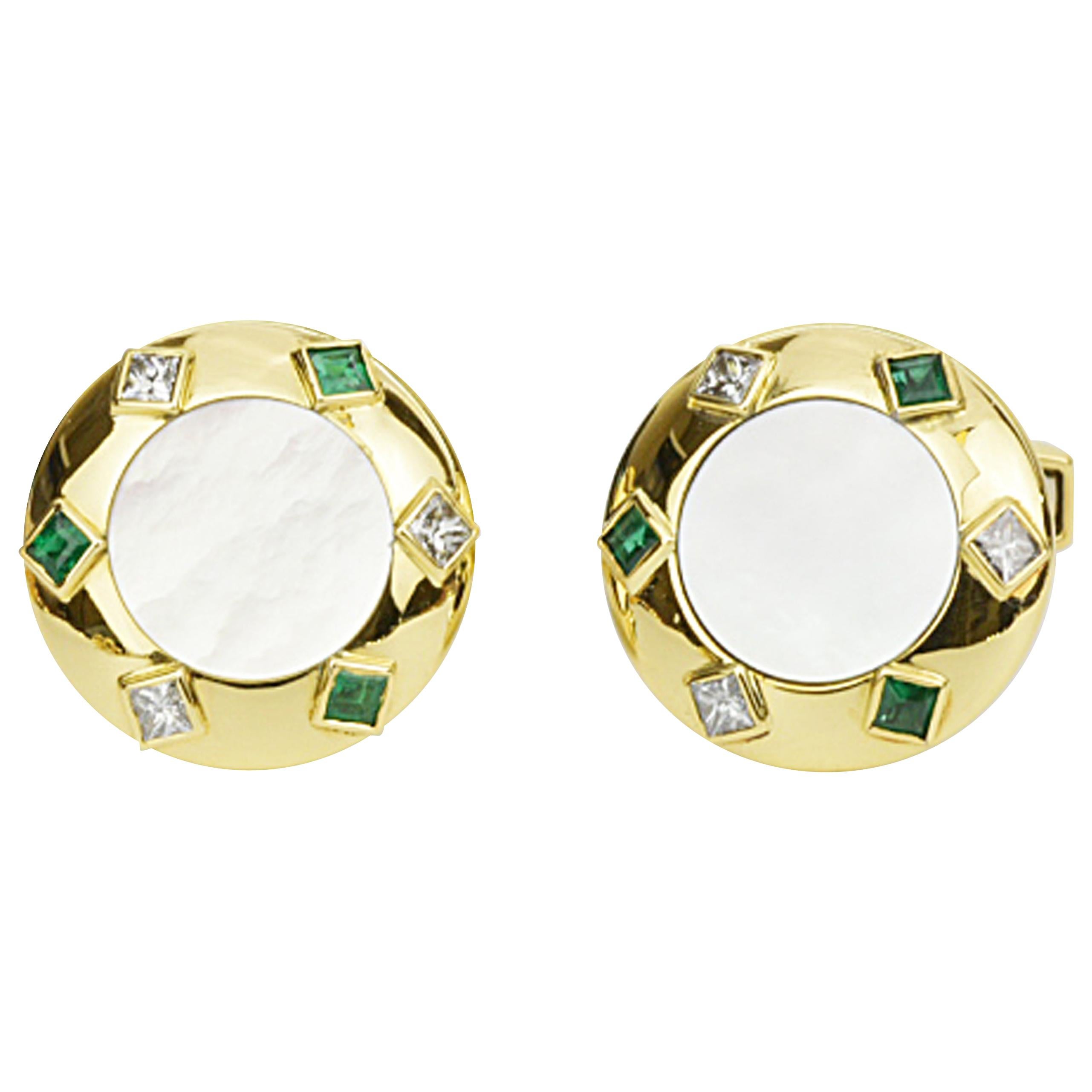 Matthew Cambery 18 Karat Gold Diamond Emerald and Mother of Pearl Cufflinks For Sale