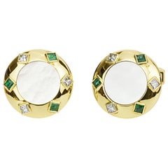 Antique Matthew Cambery 18 Karat Gold Diamond Emerald and Mother of Pearl Cufflinks