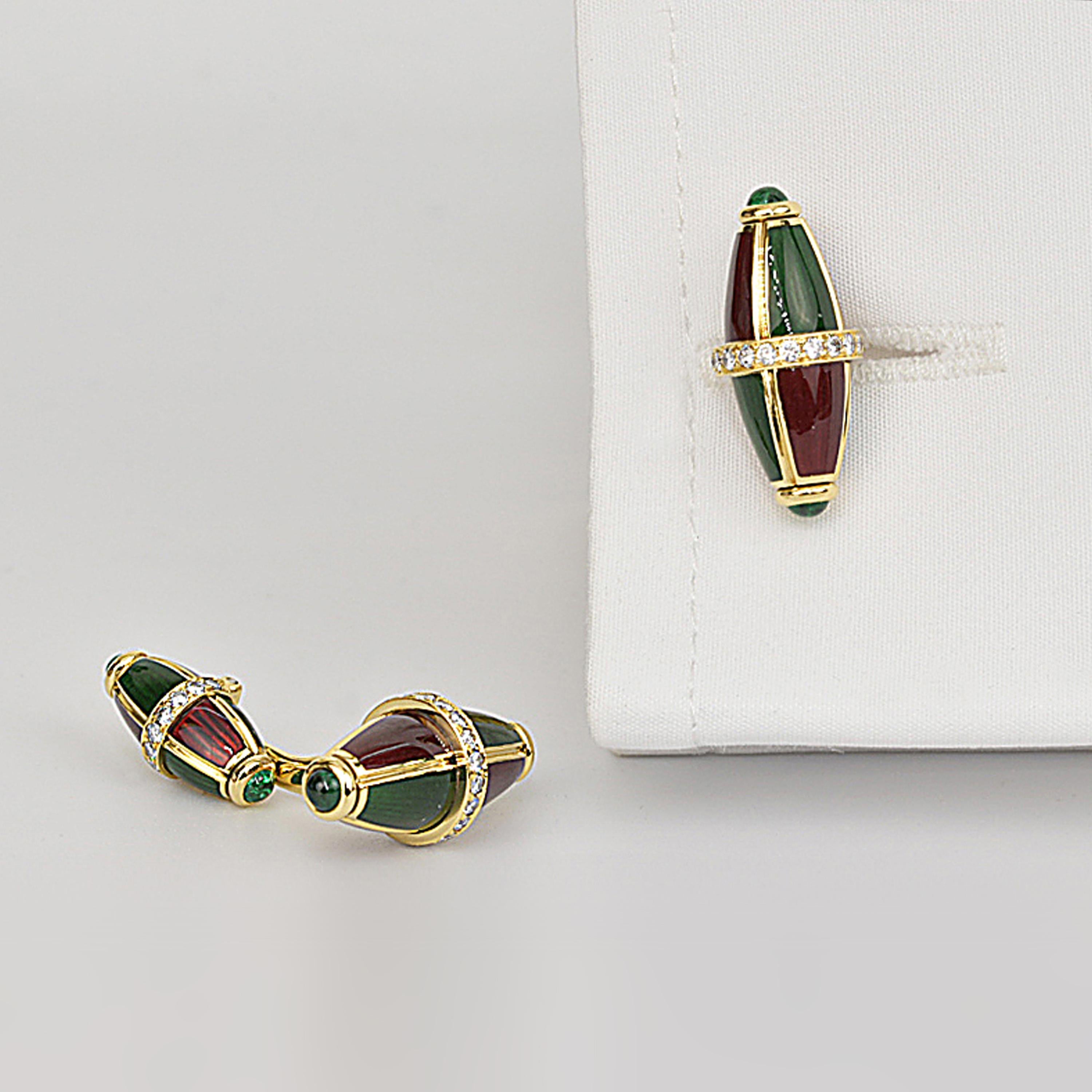 Matthew Cambery 18K Yellow Gold torpedo shape Cufflinks hand engraved and vitreous enamelled red and green with a band of brilliant cut diamonds totalling 0.55 ct set with emerald cabochons to the ends