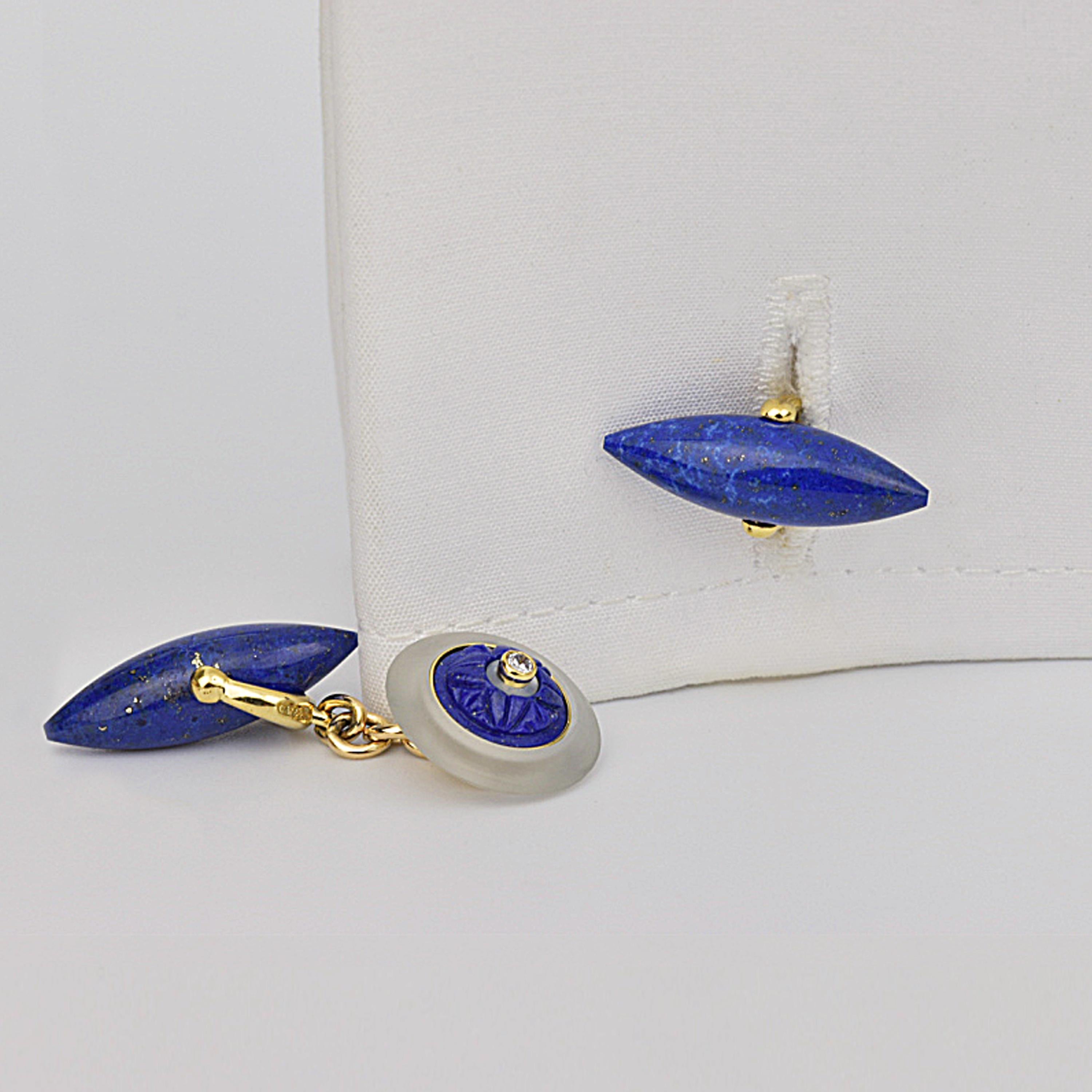 Contemporary Matthew Cambery 18 Karat Yellow Gold Rock Crystal Lapis Lazuli Diamond Cufflinks For Sale