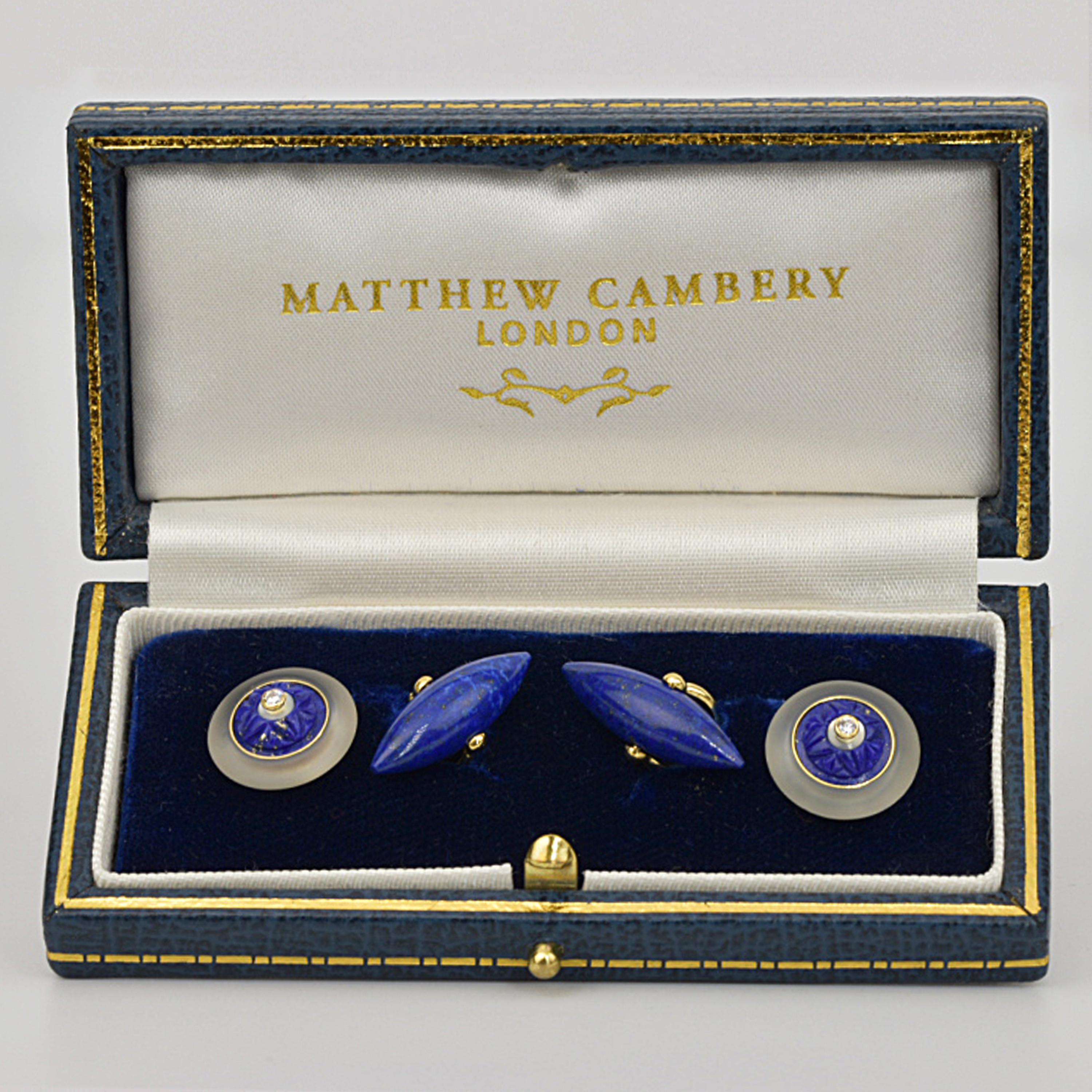 Round Cut Matthew Cambery 18 Karat Yellow Gold Rock Crystal Lapis Lazuli Diamond Cufflinks For Sale