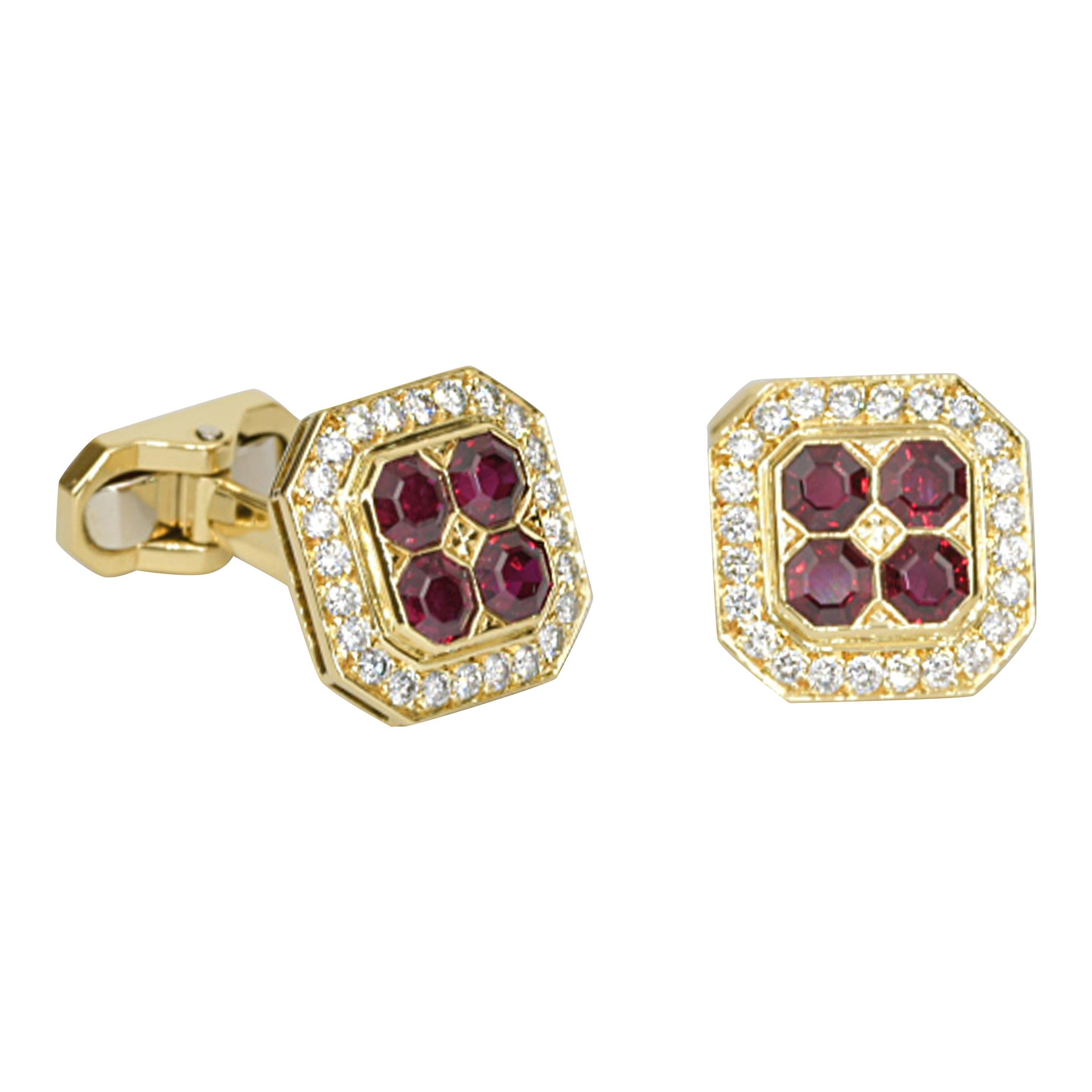 Matthew Cambery 18 Karat Yellow Gold Ruby and Diamond Cufflinks For Sale