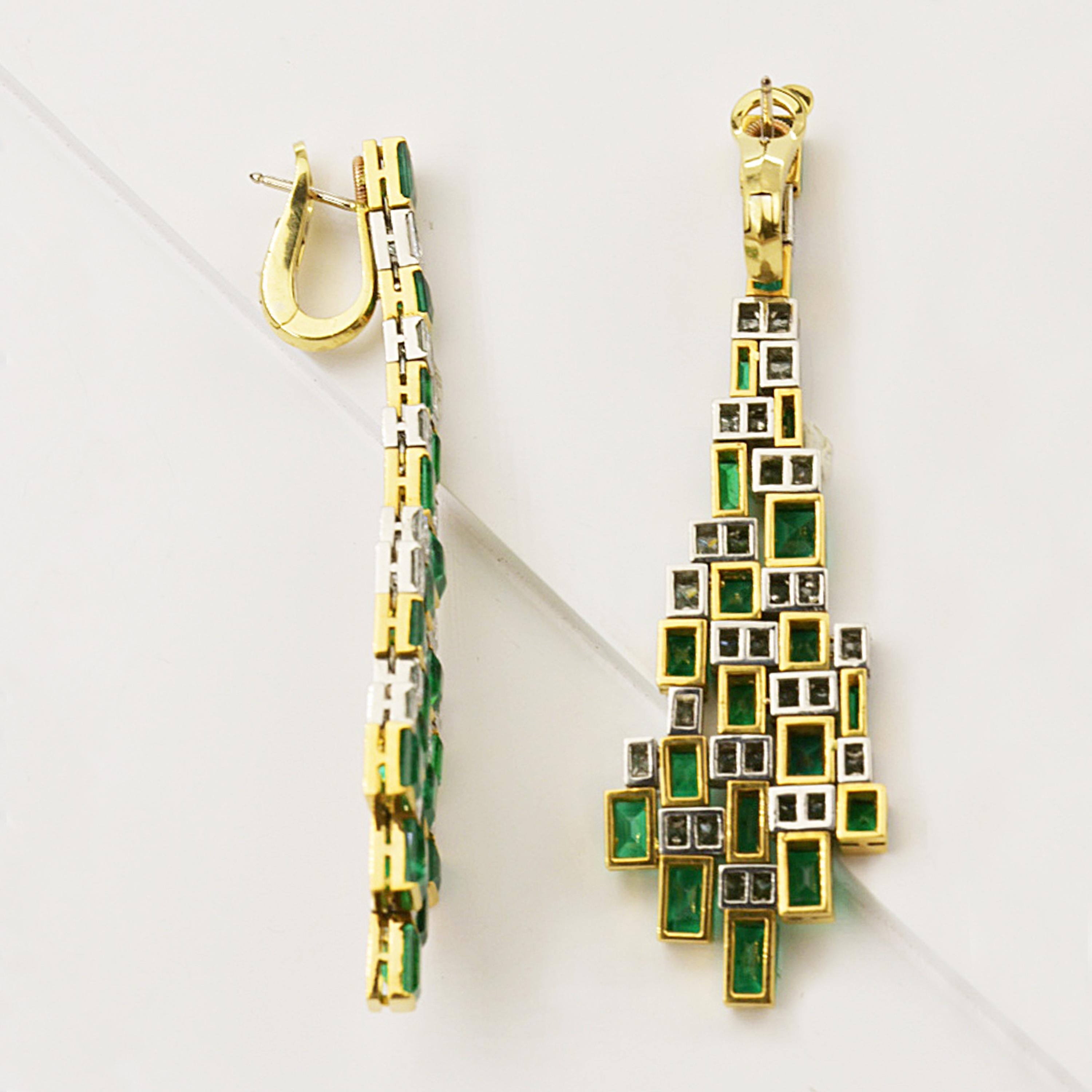 Matthew Cambery 22 Karat Gold Platinum Emerald and Princess Cut Diamond Earrings For Sale 1