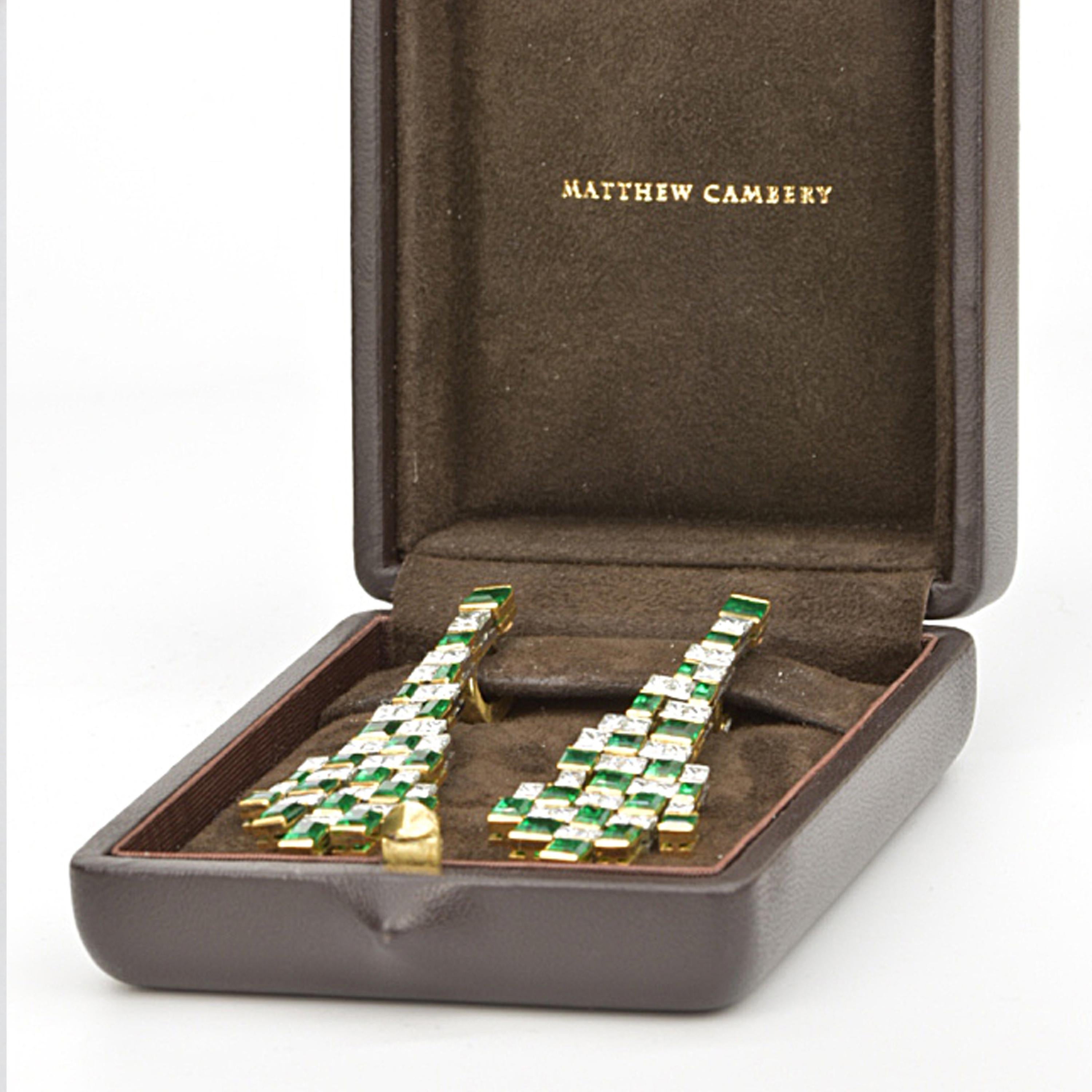 Matthew Cambery 22 Karat Gold Platinum Emerald and Princess Cut Diamond Earrings For Sale 2
