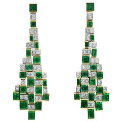 Matthew Cambery 22 Karat Gold Platinum Emerald and Princess Cut Diamond Earrings