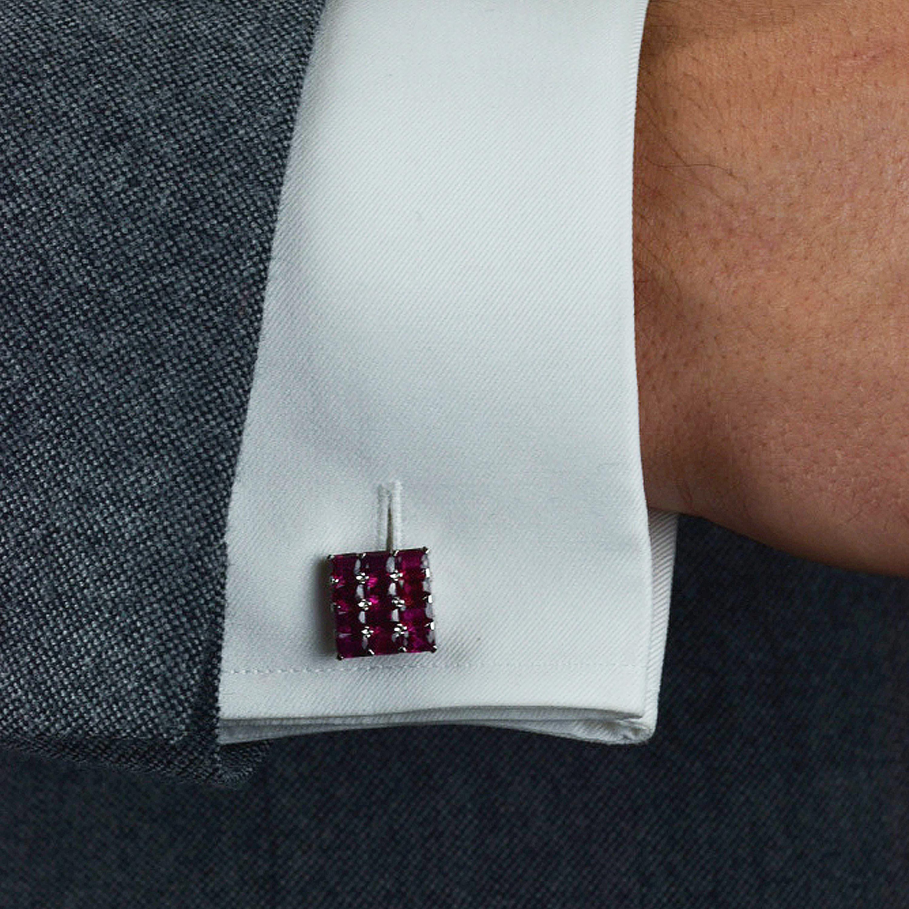 Matthew Cambery Hand made one of a kind bespoke Platinum Cufflinks set with beautifully matched rich red Emerald Cut Rubies totalling  11.00Carats. T Bar Fitting.

