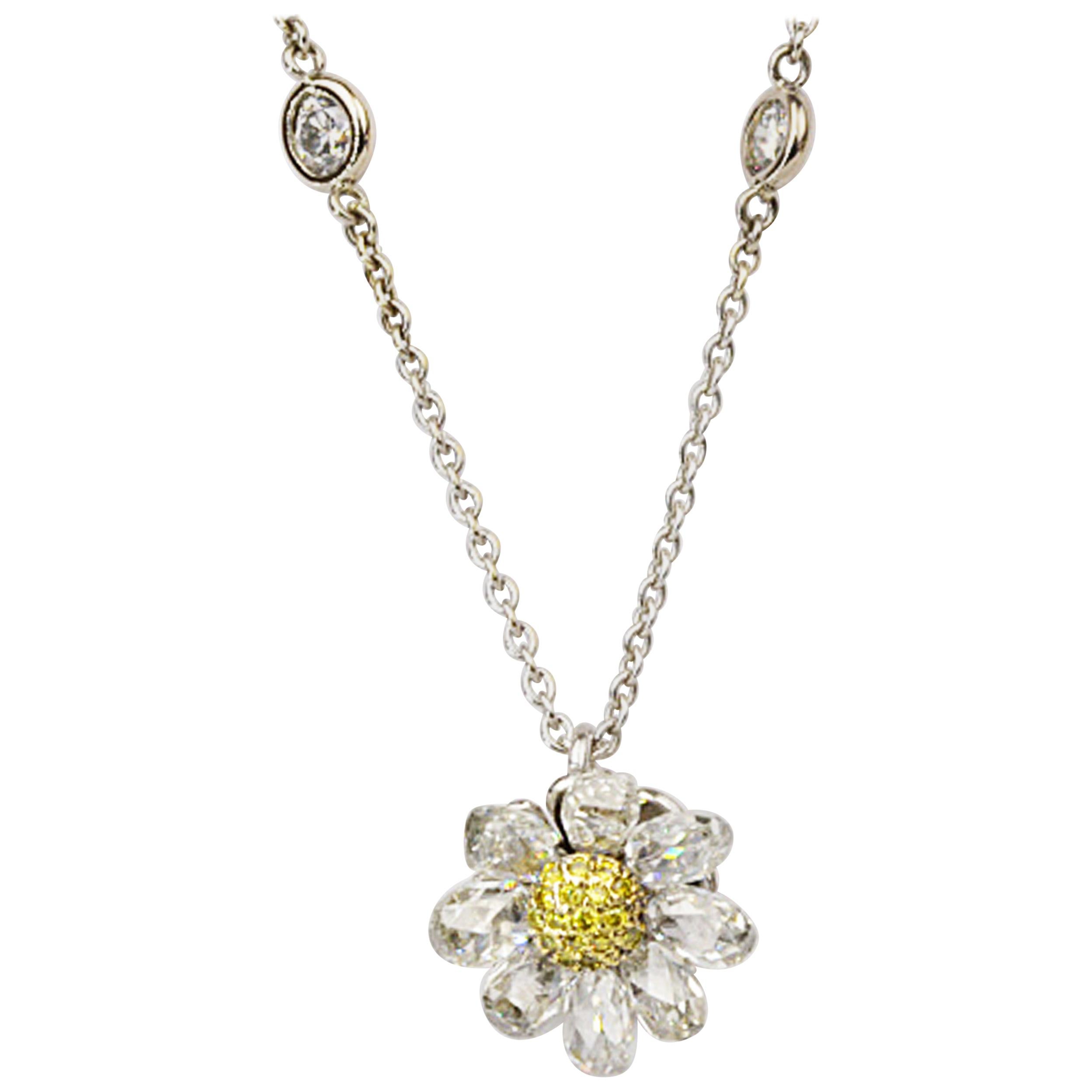 Matthew Cambery Platinum 18 Karat Gold Briolette Yellow Diamond Daisy Pendant For Sale