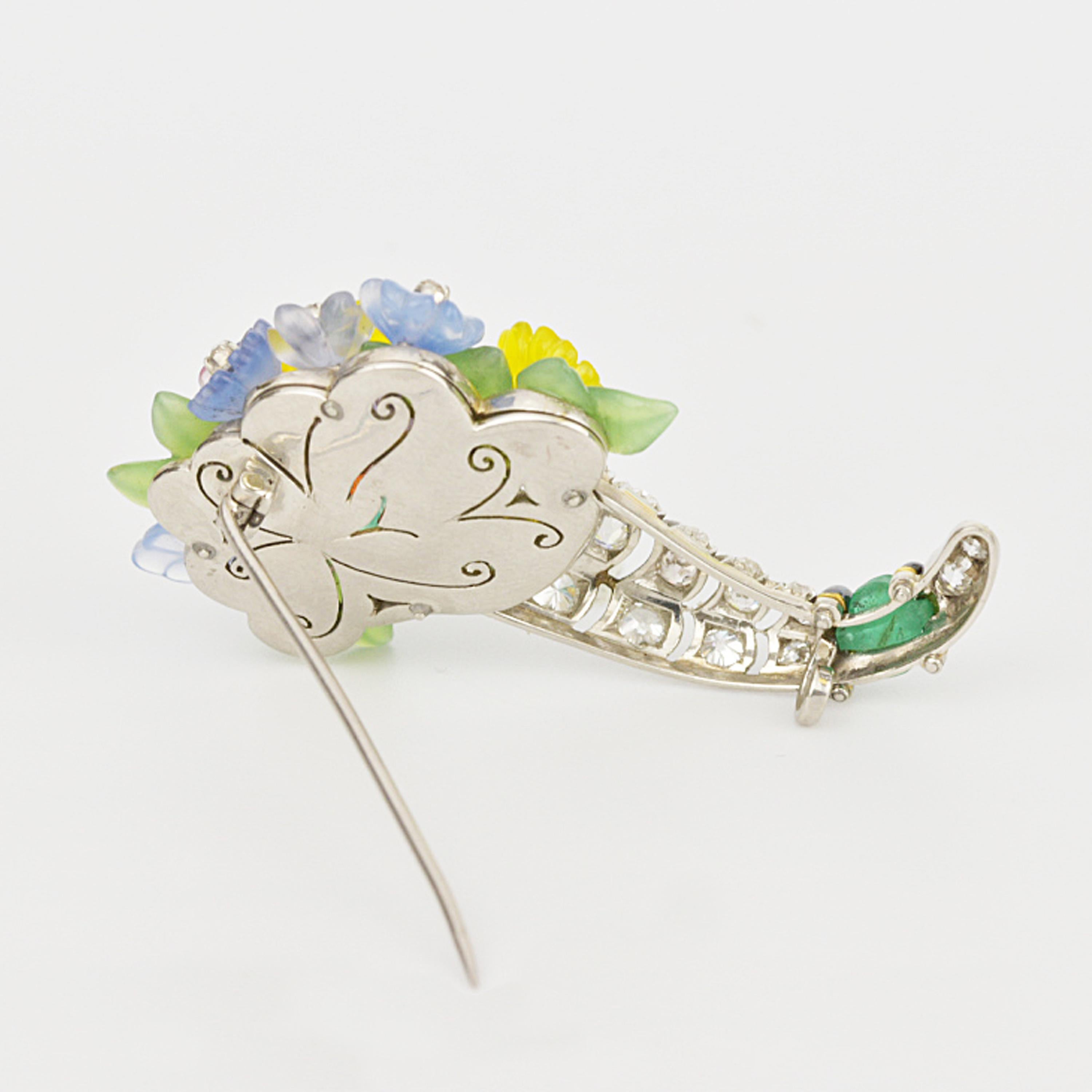 Old European Cut Matthew Cambery Platinum Cornucopia Old Cut Diamond Emerald and Agate Brooch