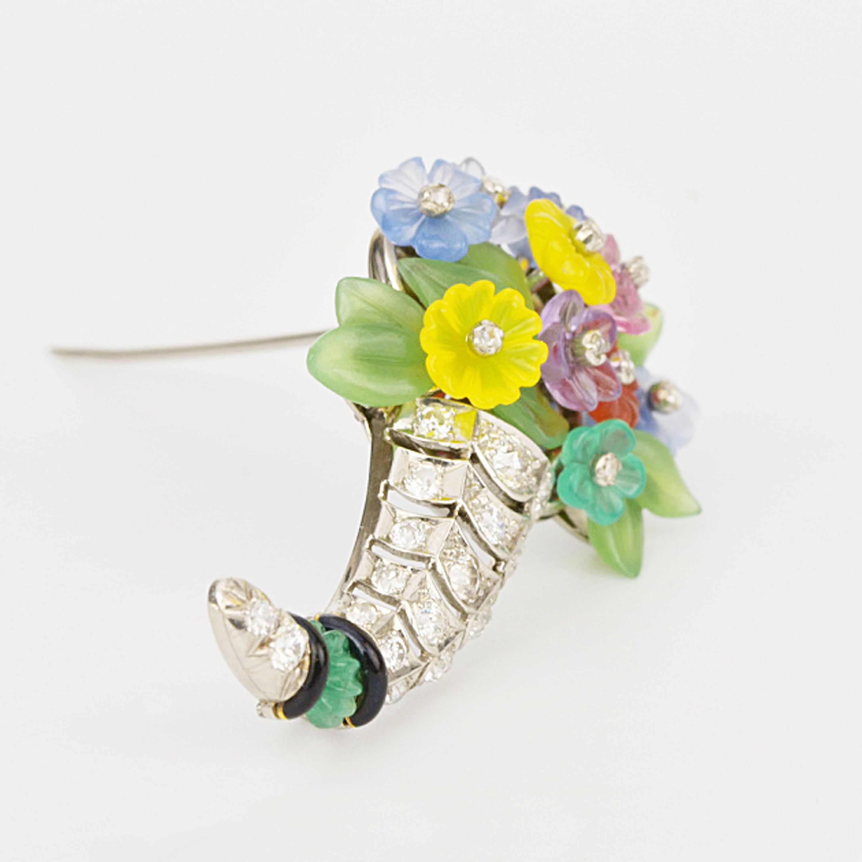 Matthew Cambery Platinum Cornucopia Old Cut Diamond Emerald and Agate Brooch In New Condition In London, GB