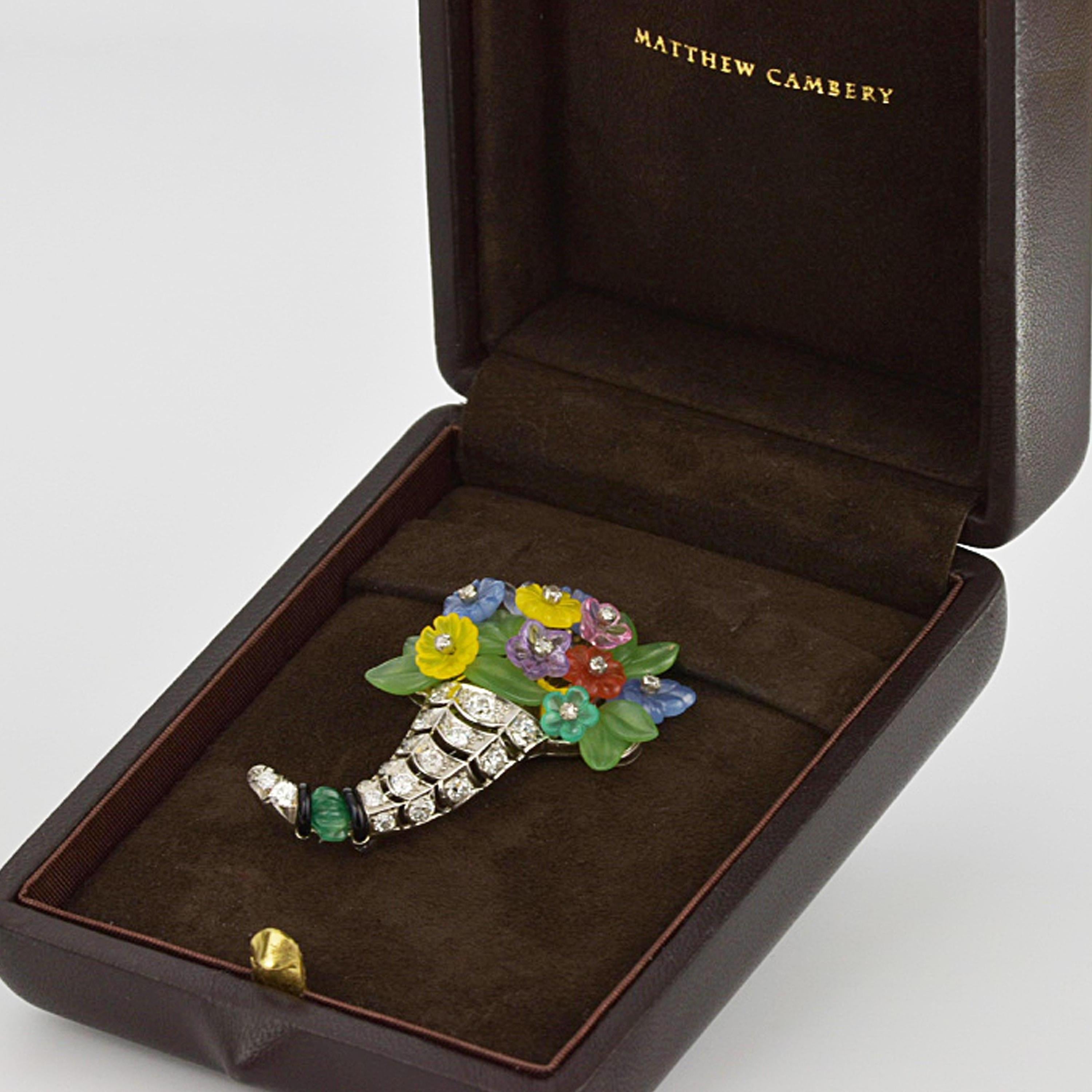 Women's Matthew Cambery Platinum Cornucopia Old Cut Diamond Emerald and Agate Brooch