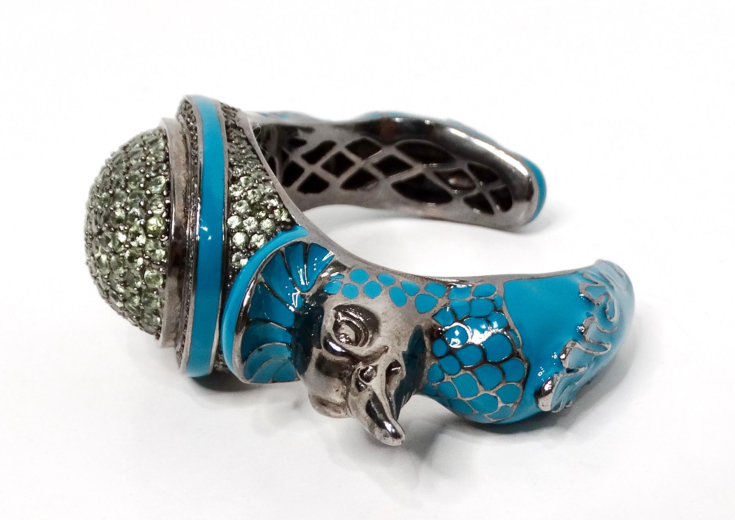 Matthew Campbell Laurenza Sterling Silber Emaille Pfau Manschettenknopf Armband im Zustand „Gut“ im Angebot in Scottsdale, AZ
