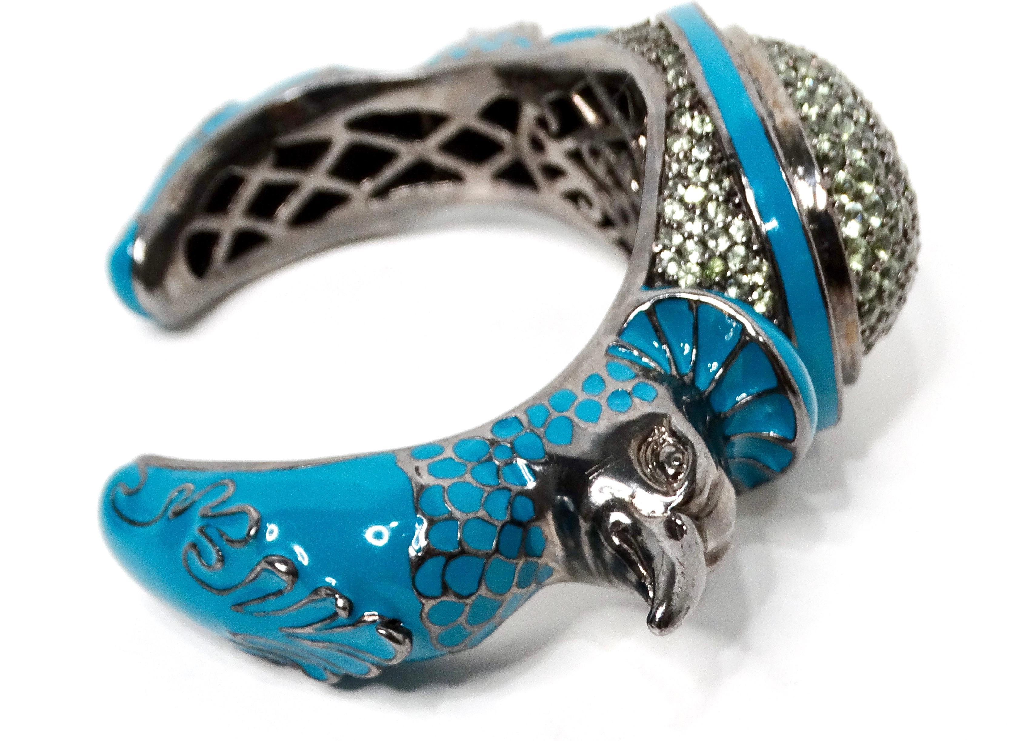 Matthew Campbell Laurenza Sterling Silber Emaille Pfau Manschettenknopf Armband im Angebot 1