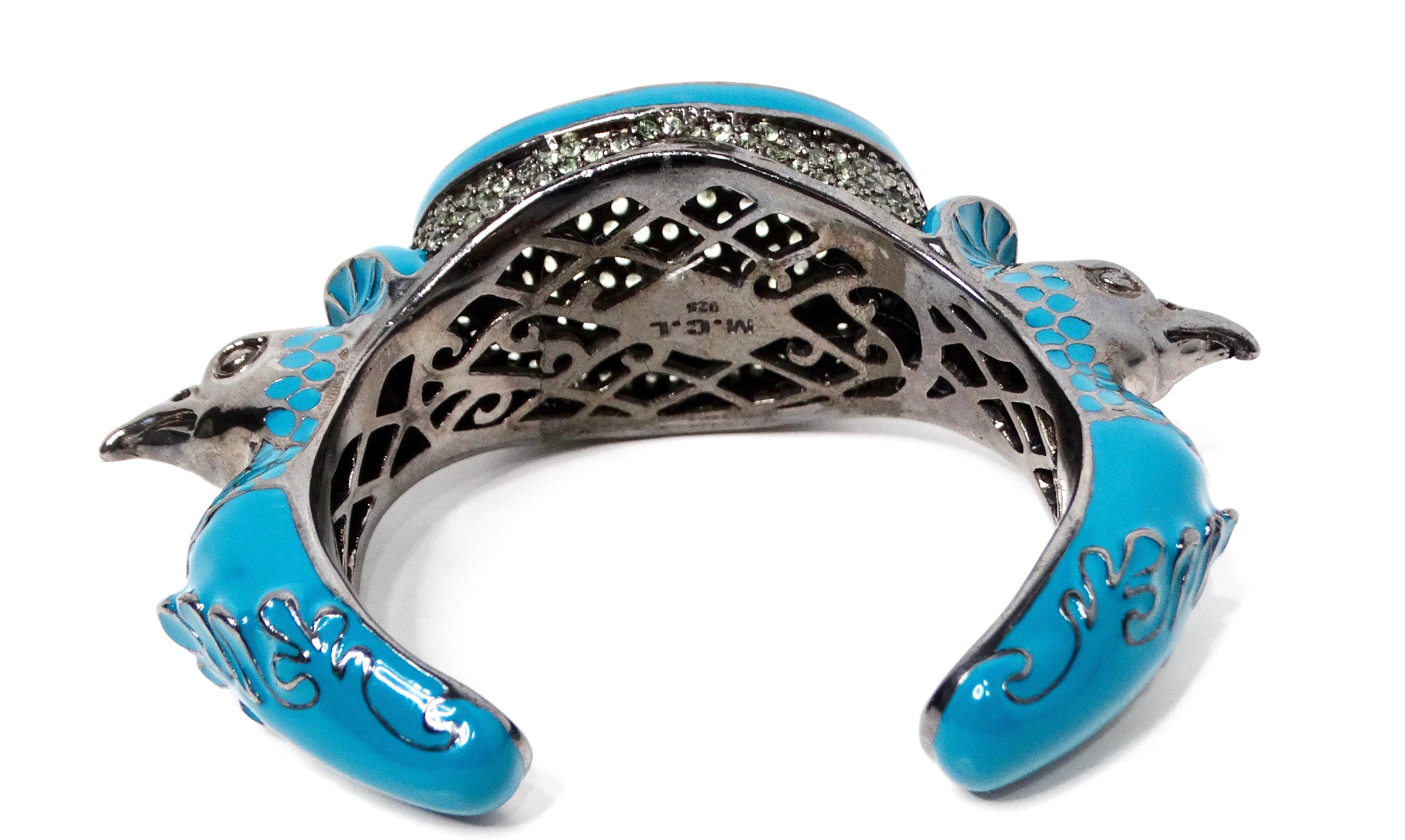 Matthew Campbell Laurenza Sterling Silber Emaille Pfau Manschettenknopf Armband im Angebot 2