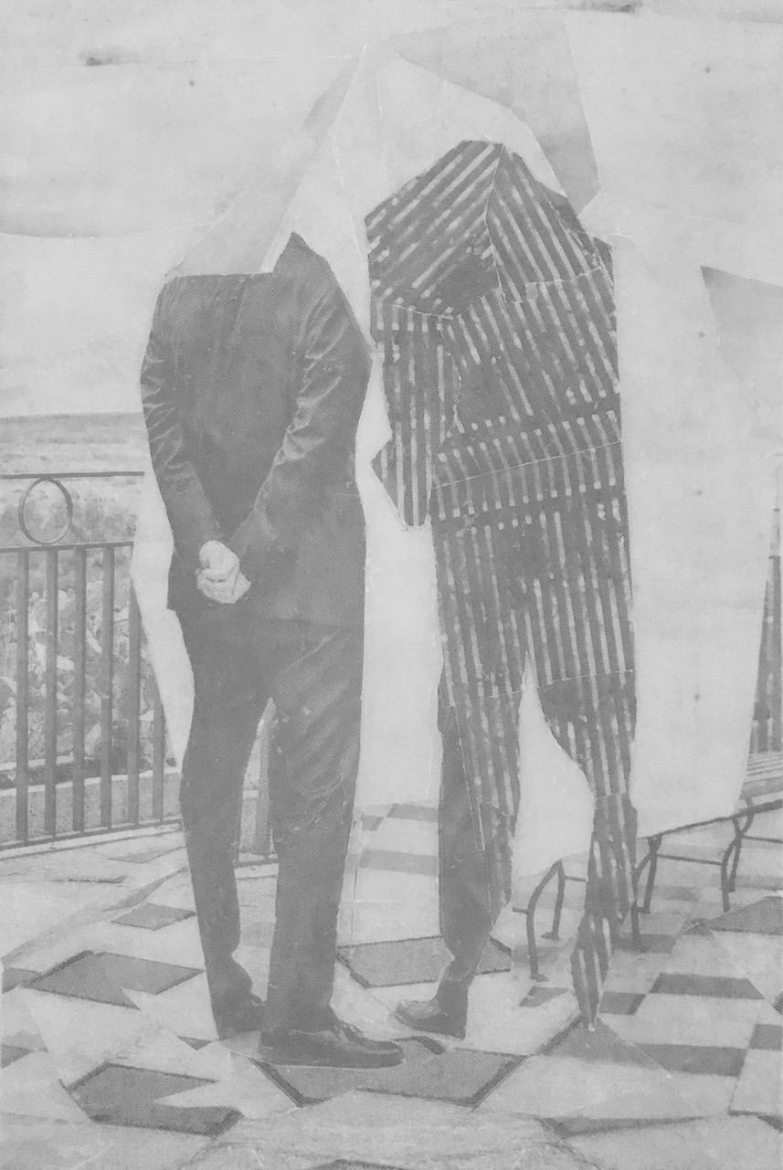 Palaver - Schwarz-Weiß-Fototransfer und Collage auf mylarfarbenen abstrakten Porträts