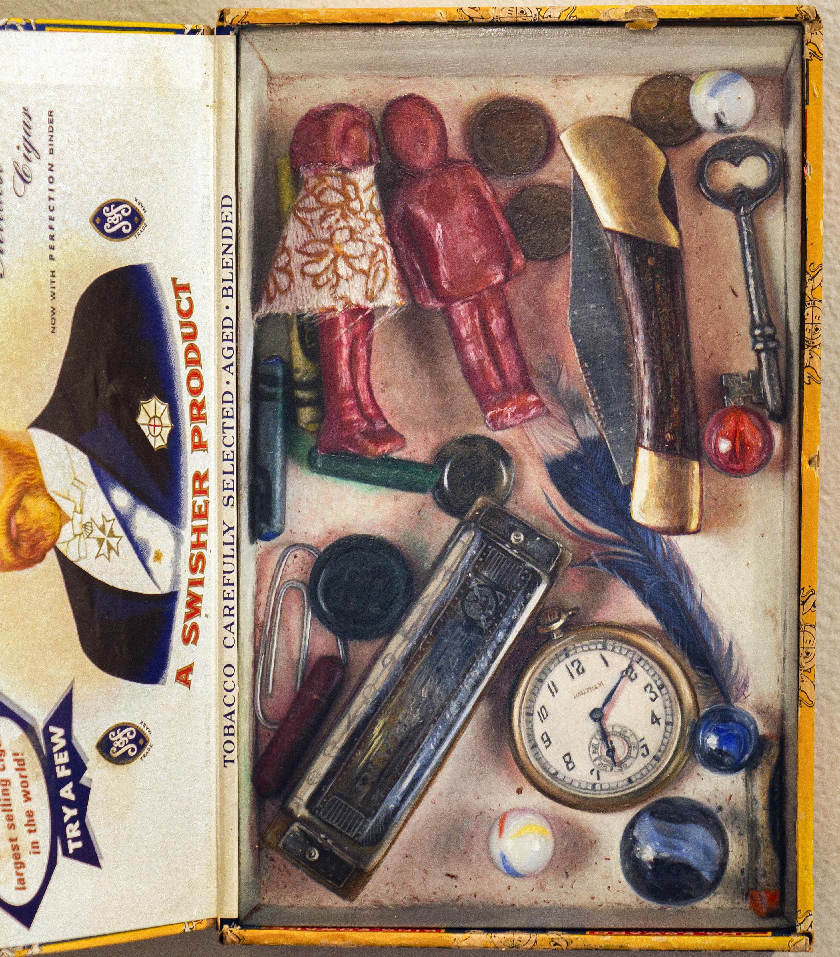 El tesoro de Jem - Pintura de naturaleza muerta dentro de una caja de puros encontrada - Painting Antiguos maestros de Matthew Cook