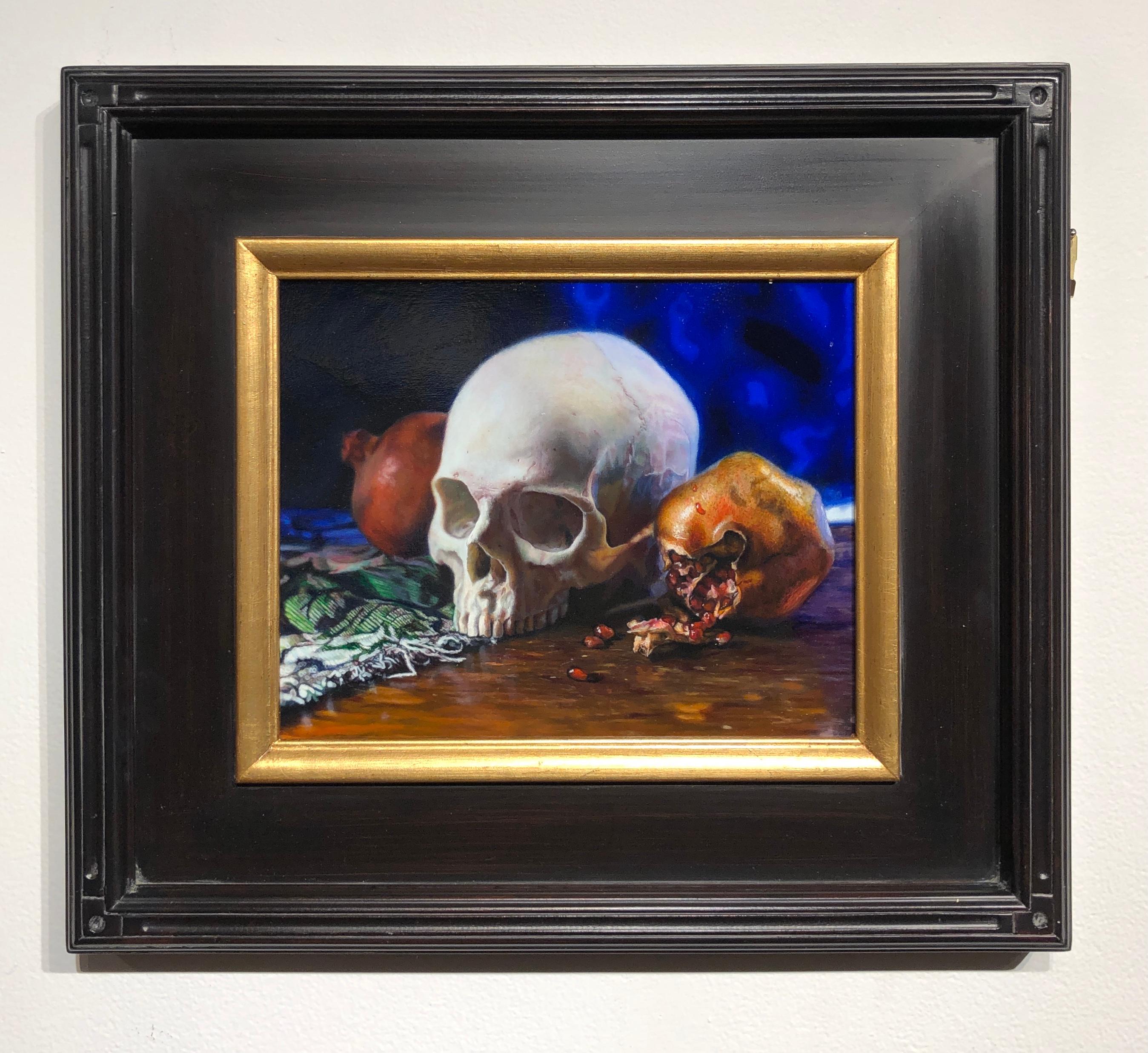 Memento Vivere - Peinture à l'huile originale  Crâne humain dans le style hollandais du 17e siècle - Painting de Matthew Cook