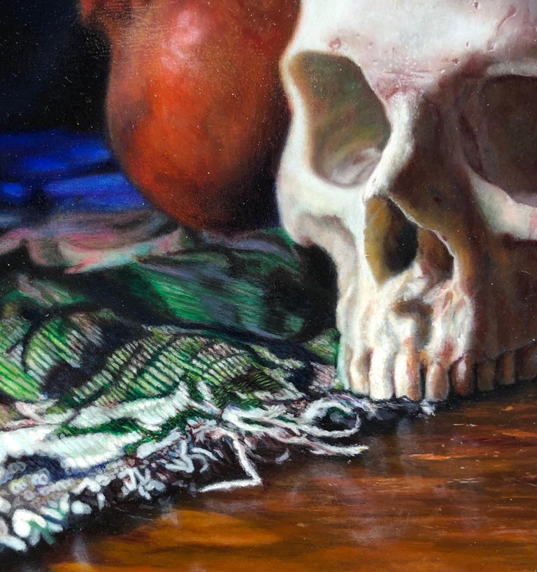 Memento Vivere - Original Oil Painting  Human Skull in 17th Century Dutch Style For Sale 1