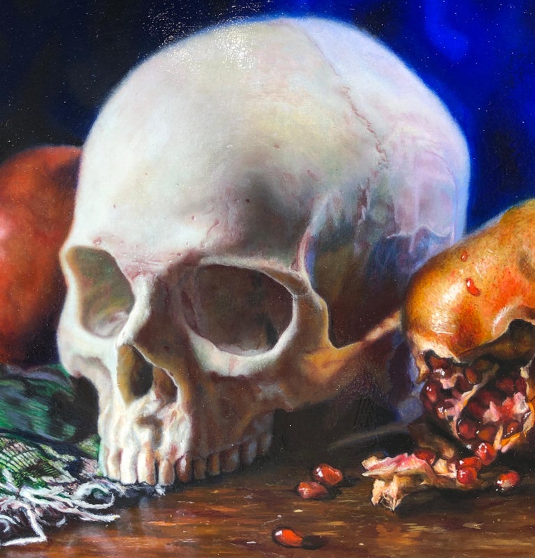 Memento Vivere - Original Oil Painting  Human Skull in 17th Century Dutch Style For Sale 4