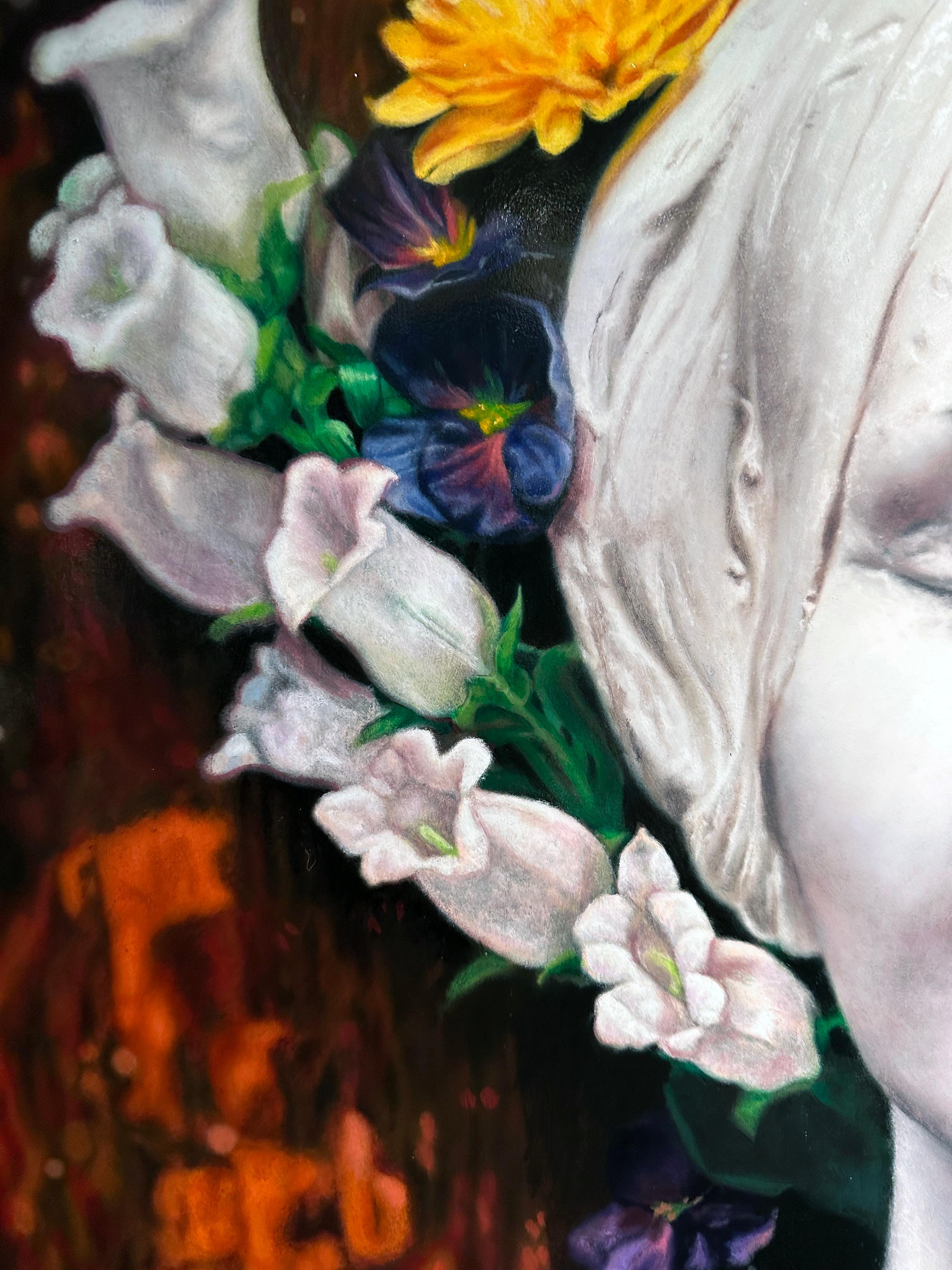 Ofelia - Bodegón inspirado en Hamlet con máscara de escayola y flores - Figurative Painting Negro de Matthew Cook